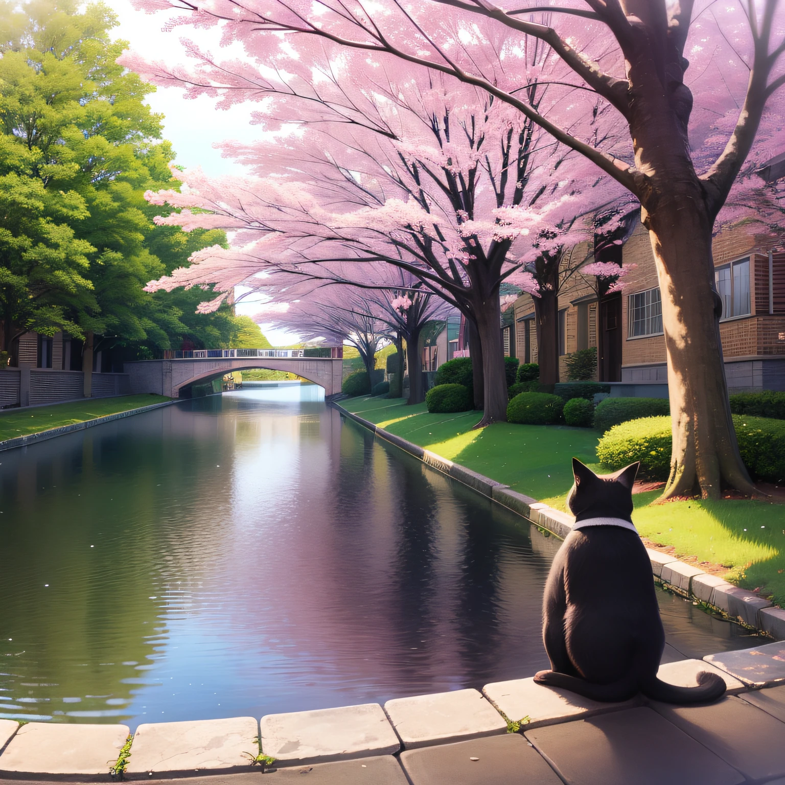Row of cherry tree along the river Bridges central black cat