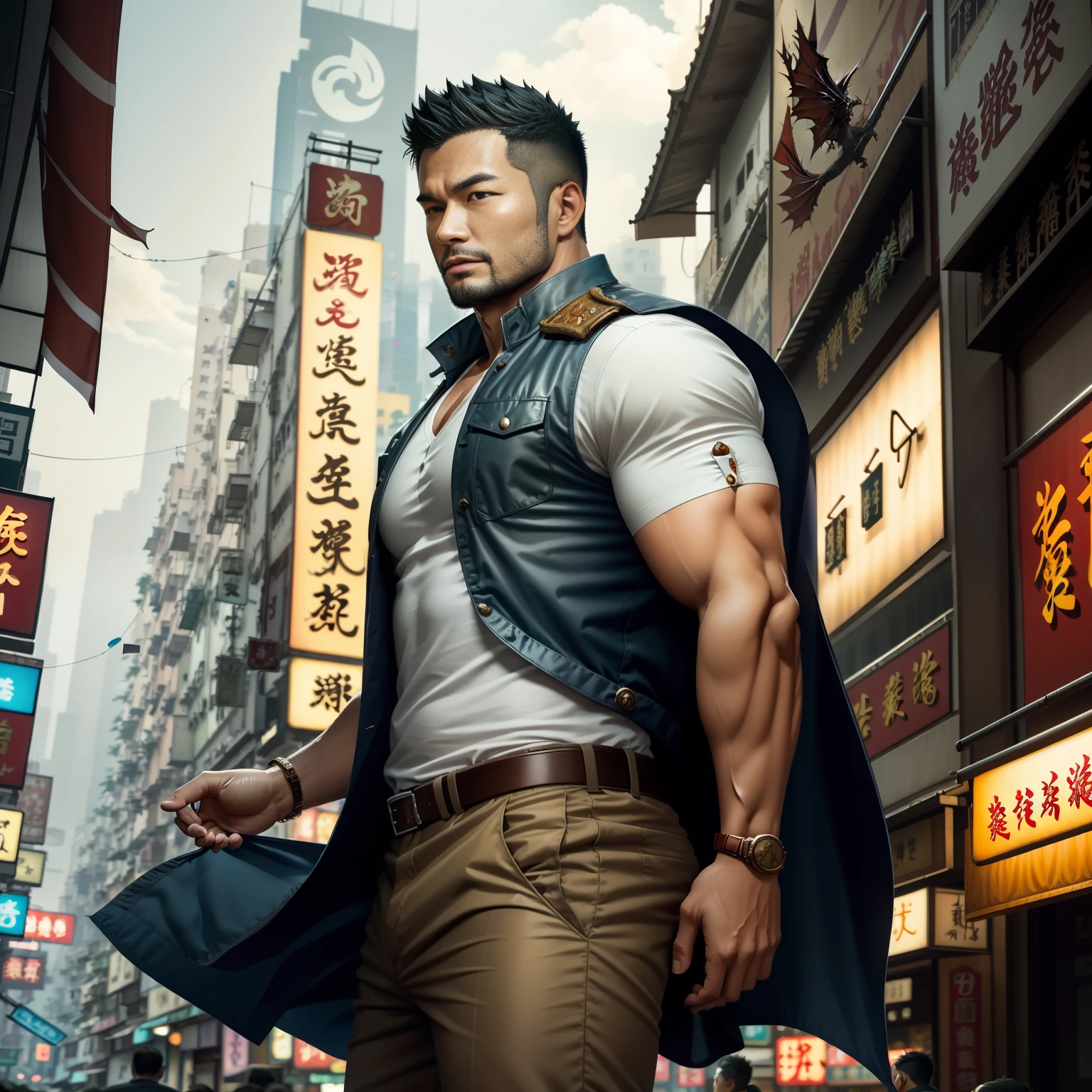 (Masterpiece) Extremely high-quality, ultra-detailed illustrations, ultra-high resolution, Interprets the handsome image of 35-year-old Hong Kong detective Kong Lin, who is mature and mature。very muscular，Short hair and inadequate trimming of stubble，Dress up in a surreal city。Magic the Gathering cards floating around him，The red dragon flew by leisurely。Background details are exquisite，The scene is surreal，Create an enchanting graphic style。