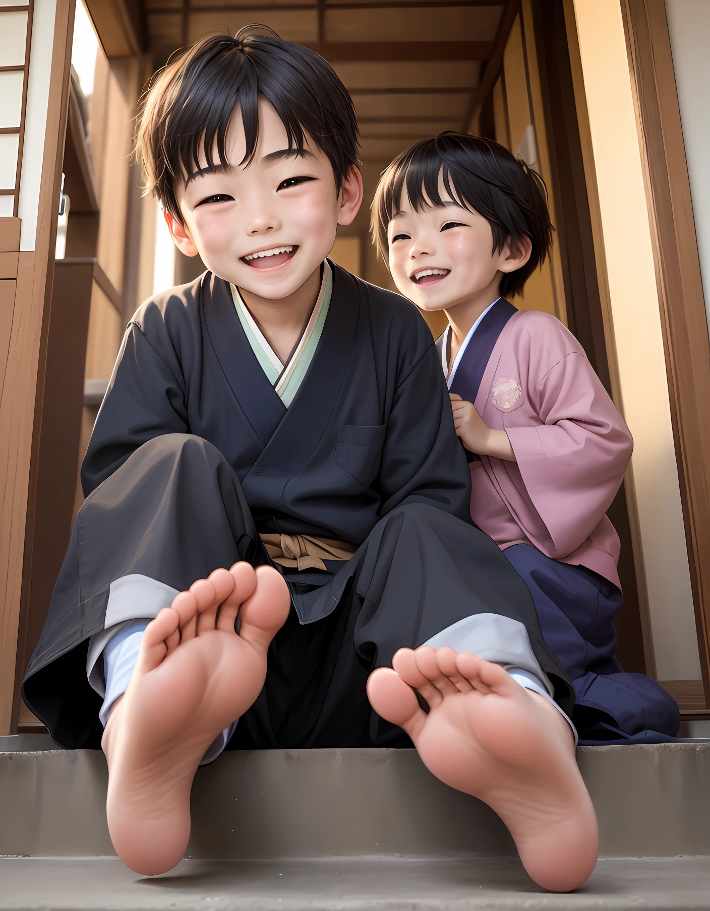 male 、The soles of the feet are turned、Laughing、Troubled smile、Children in Japan、Smiling Boy、Tickling