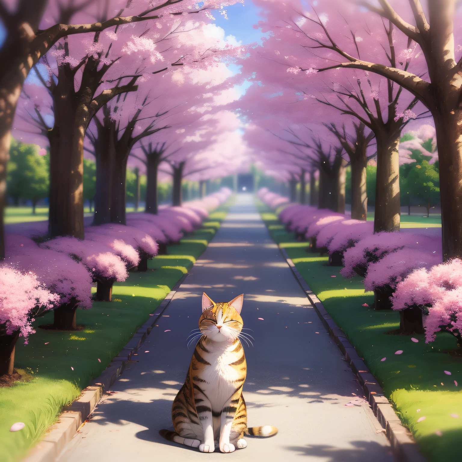 Illustration of a cat standing in the middle of a row of cherry blossom trees