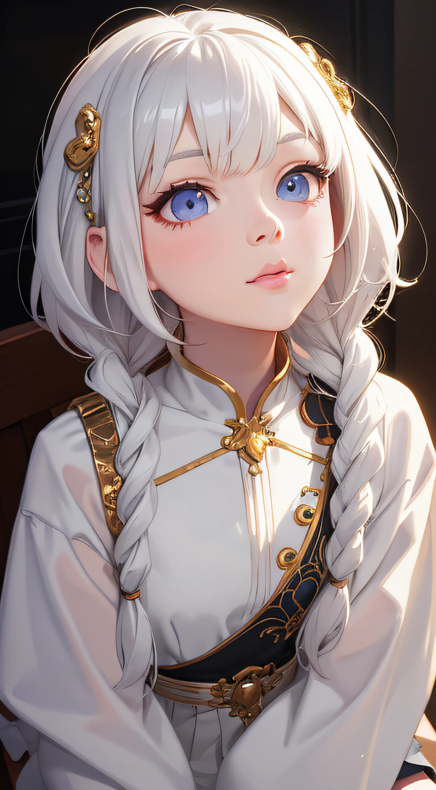 anime girl with white hair and braids sitting in a chair, guviz style artwork, photorealistic anime girl rendering, 8k portrait render, Guweiz on ArtStation Pixiv, render of a cute 3d anime girl, Guwiz, Guweiz in Pixiv ArtStation, Detailed digital anime art, detailed portrait of an anime girl