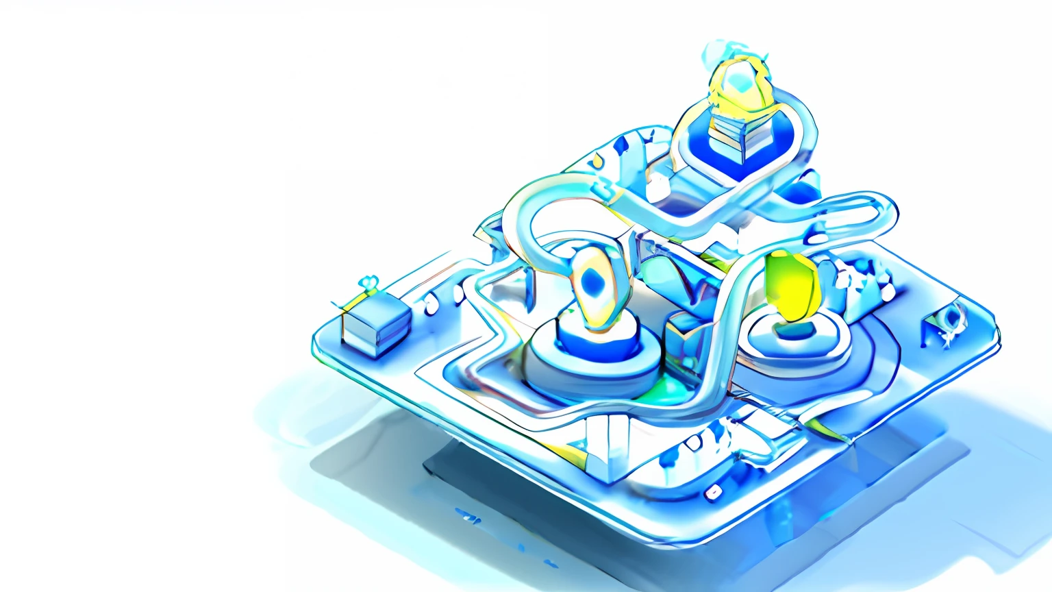 2.5D,3D style,Small scenes,Glow,Warm blue white ,Tech style,Glass material,Emissive material,Pixar style