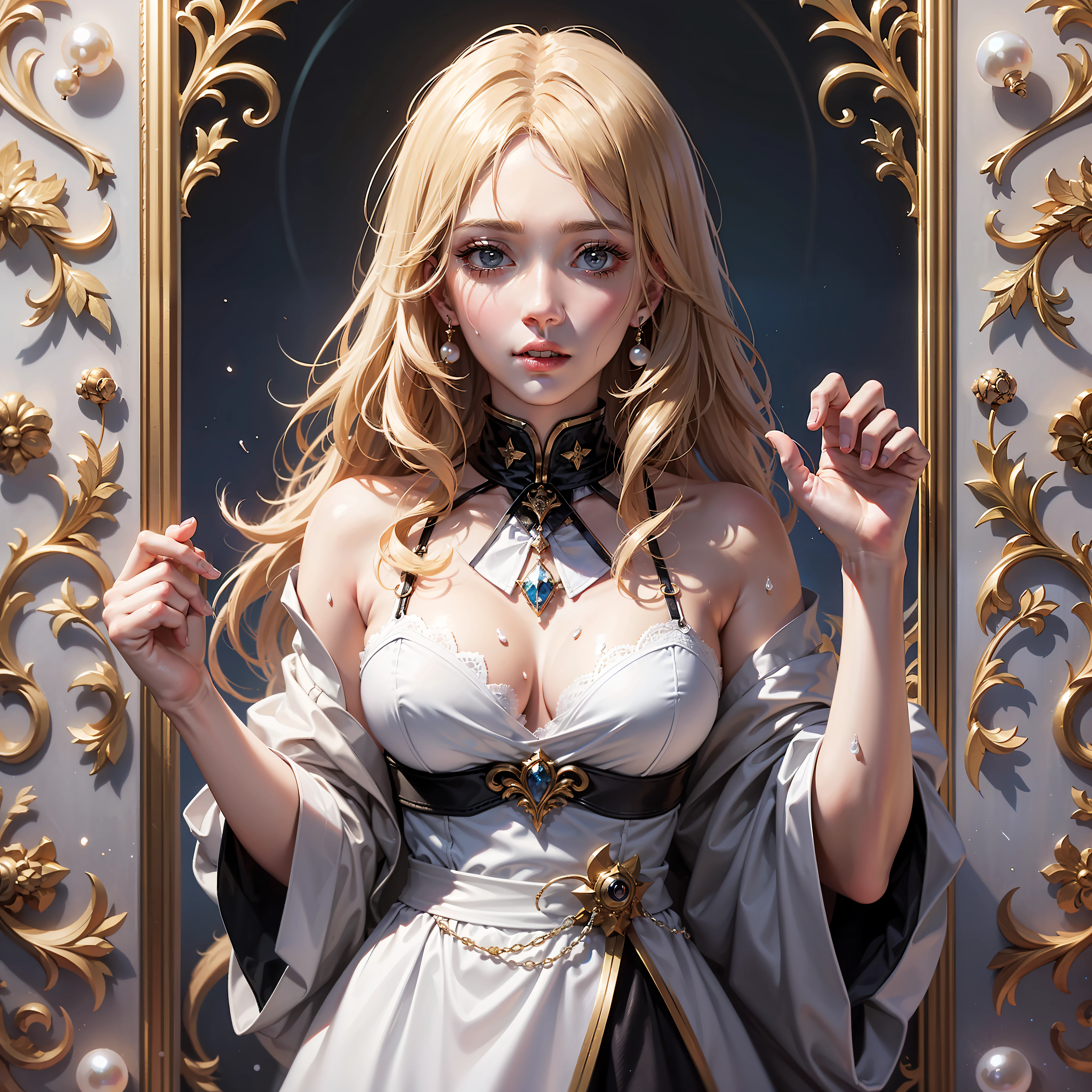 a woman in a white shirt and black skirt, a poster, by amano, instagram, portrait of magical blond prince, hellish!!!, mana, wearing a luxurious velvet robe, high details photo, vi from arcane, saint of the pit, chest coverd, sakimi chan, pearls of sweat, s line