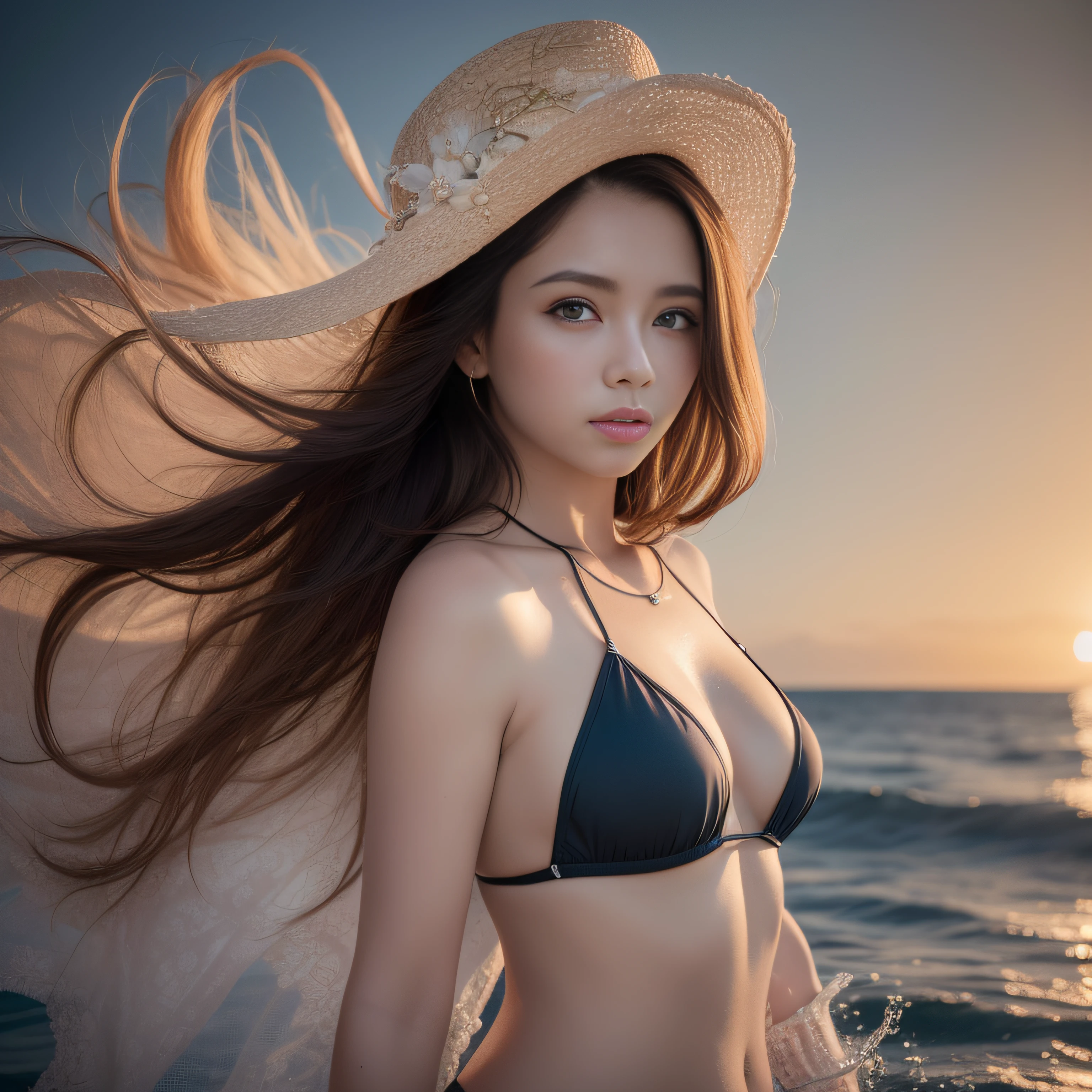 ((Top Quality, 8k, 32k, Masterpiece: 1.2)) Dramatic lighting, Delicate eyes, ultra detailed, lady model, sea, swimsuit
