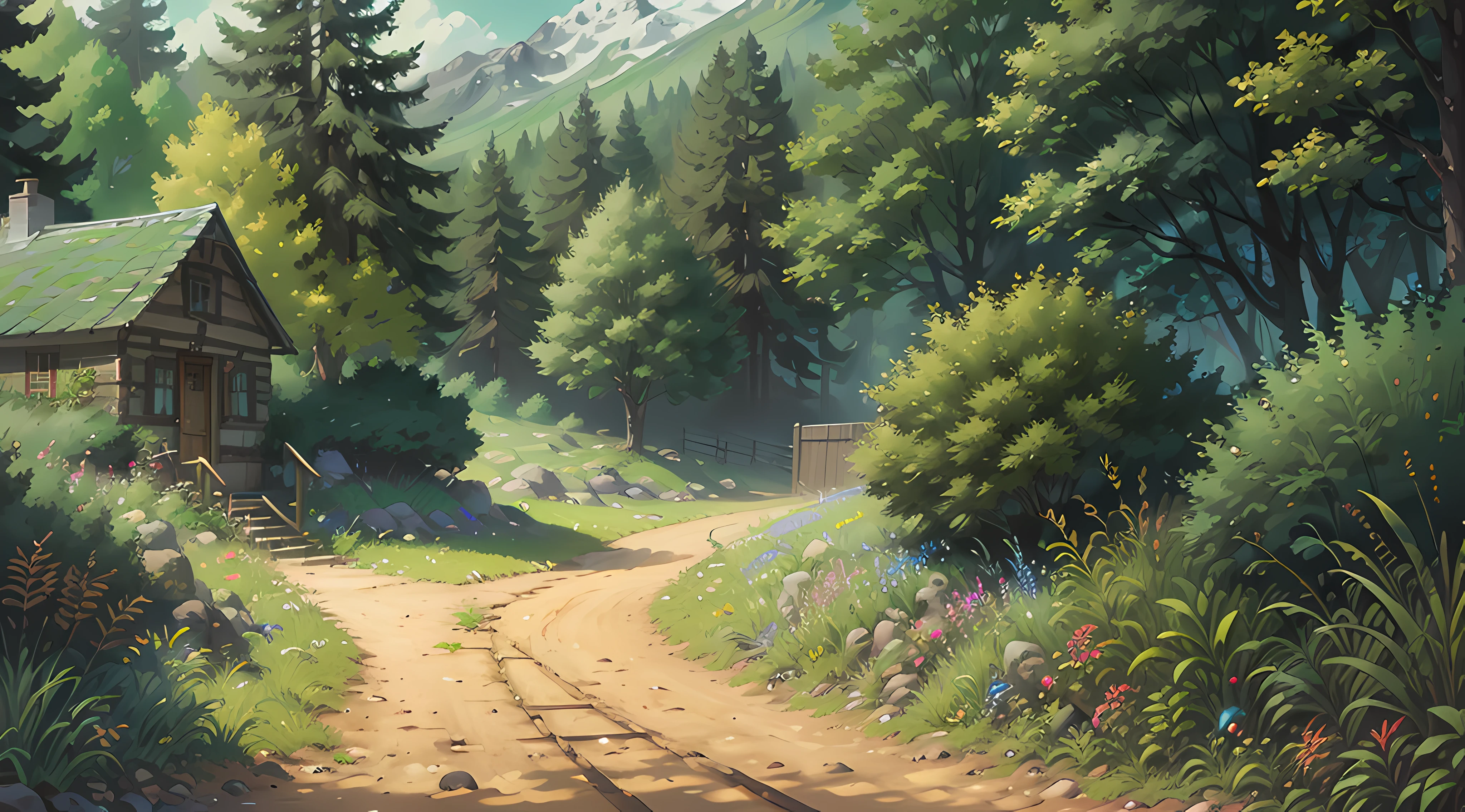 forested，path，wooden cottage，Big mountains in the distance，Green bushes，Flying butterflies，Natural ecology，ultra detaile，Light and shadow do not obscure the logo，4K quality