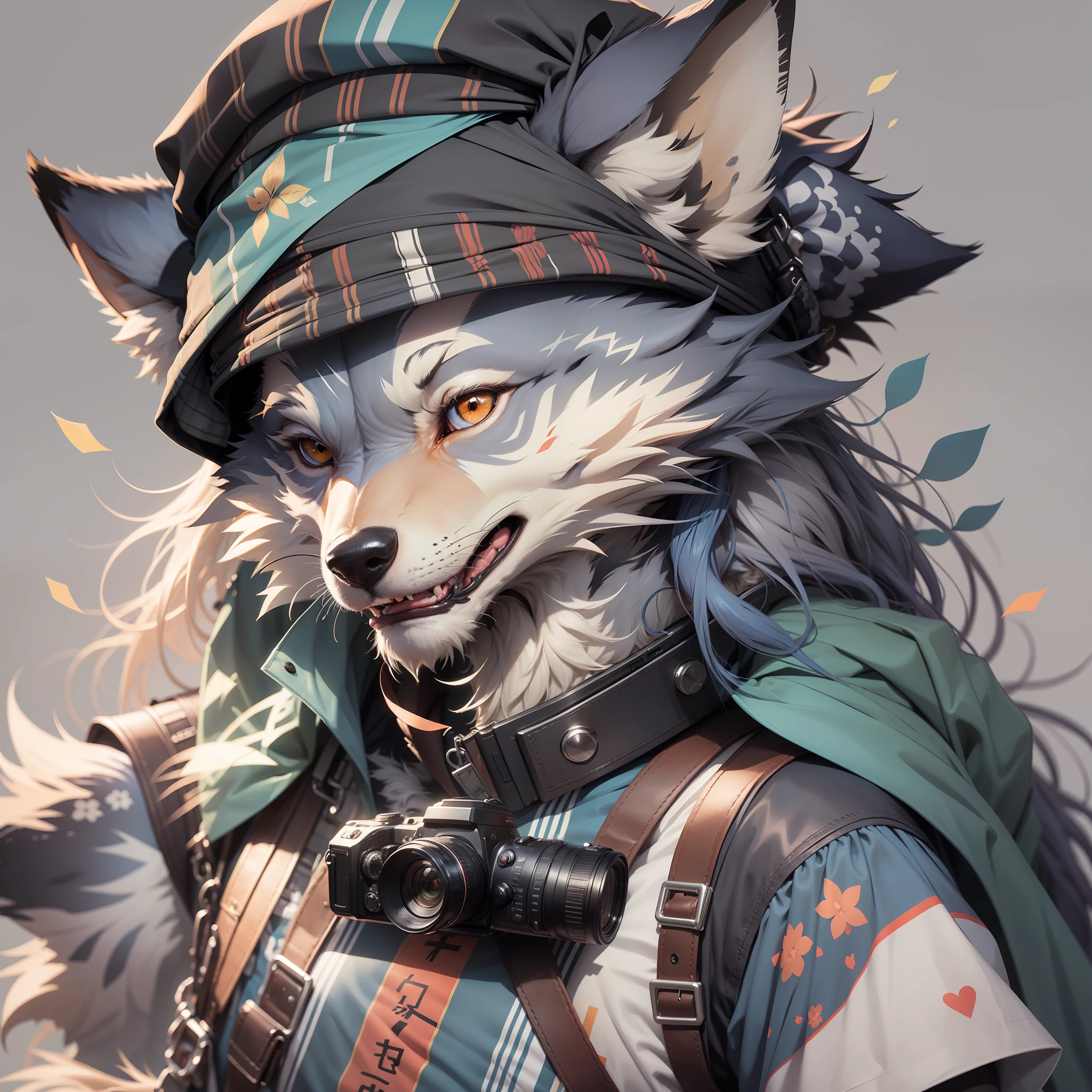 Characters in animal costumes，Wearing a berets，A camera was slung around his neck，A pair of blue silk braids on the left and right，Looks like a wolf，Animated character design。[Wolf ears+cameras:1.1+beret:1.2+Animal clothing:1.3+Red ribbon+Blue silk hair+worry：0.8]