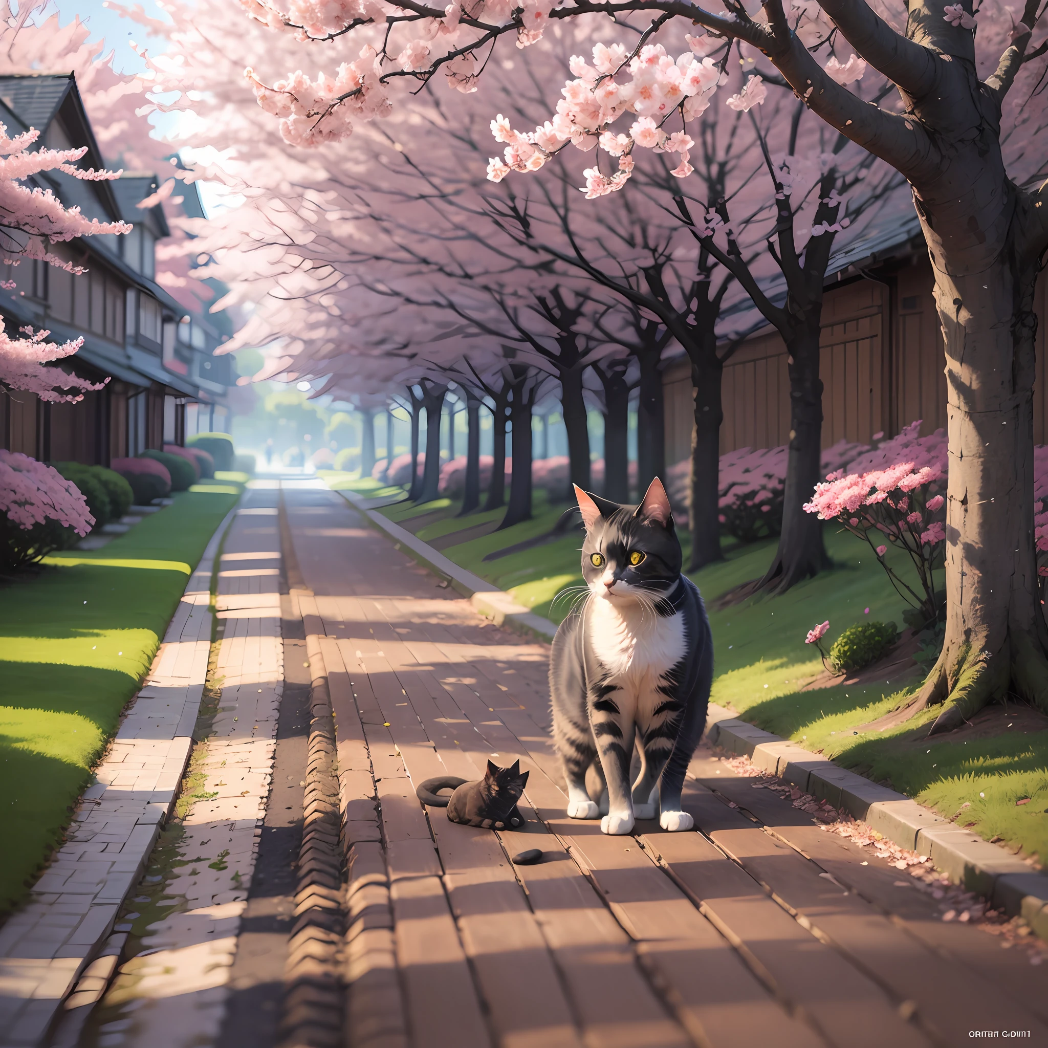 Illustration of a cat standing in the middle of a row of cherry blossom trees
