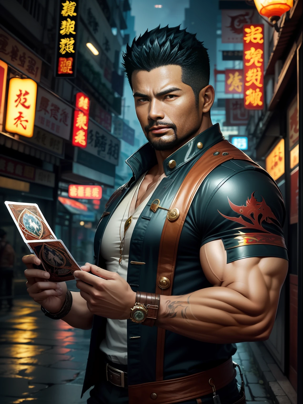 (Masterpiece) Extremely high-quality, ultra-detailed illustrations, ultra-high resolution, Interprets the handsome image of 35-year-old Hong Kong detective Kong Lin, who is mature and mature。very muscular，Short hair and inadequate trimming of stubble，Dress up in a surreal city。Magic the Gathering cards floating around him，The red dragon flew by leisurely。Background details are exquisite，The scene is surreal，Create an enchanting graphic style。