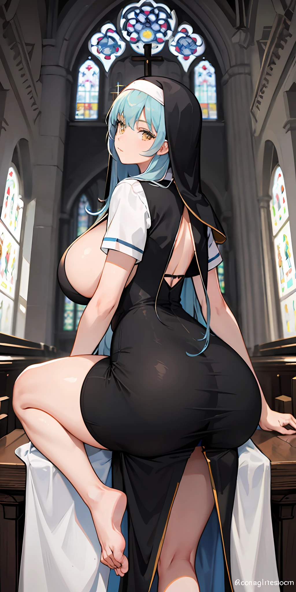 Light blue hair, long hair, yellow eyes, tight nun dress, in church, sitting, legs, massive boobs, massive ass