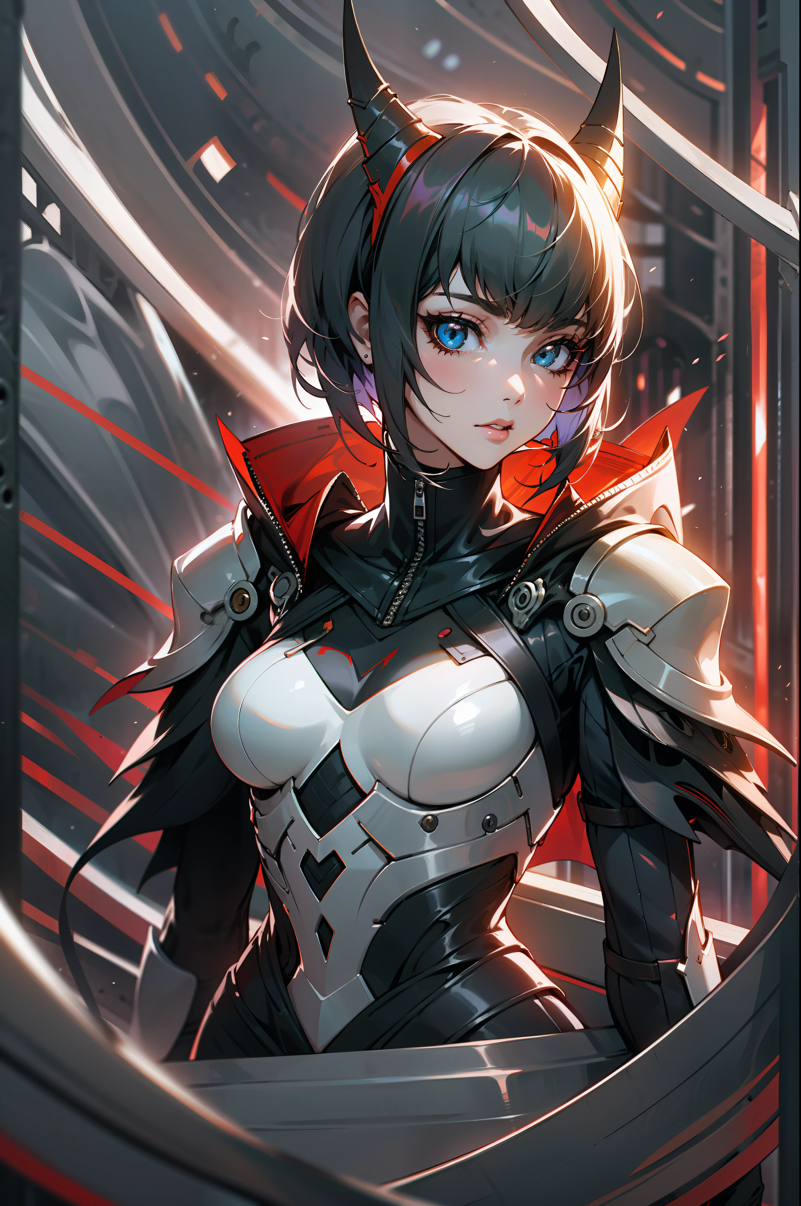Tae Takemi de Persona 5, com uma armadura preta e vermelha, cercada por sombras