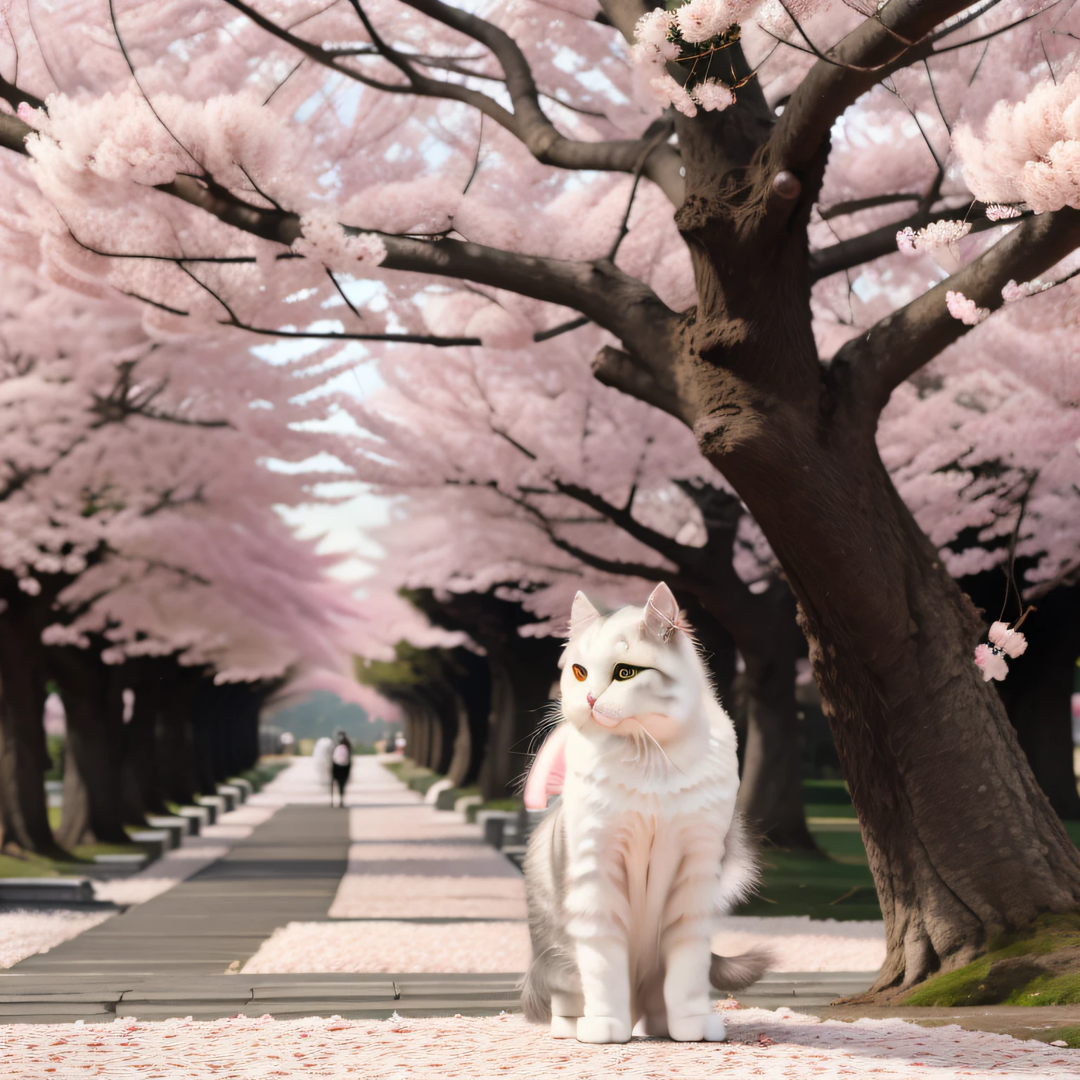 top Quority,8k,32k,masterpiece:1.2,ultra detailed,Masterpiece: 1.3,A cat standing in front of a row of cherry blossom trees with its back in front of it