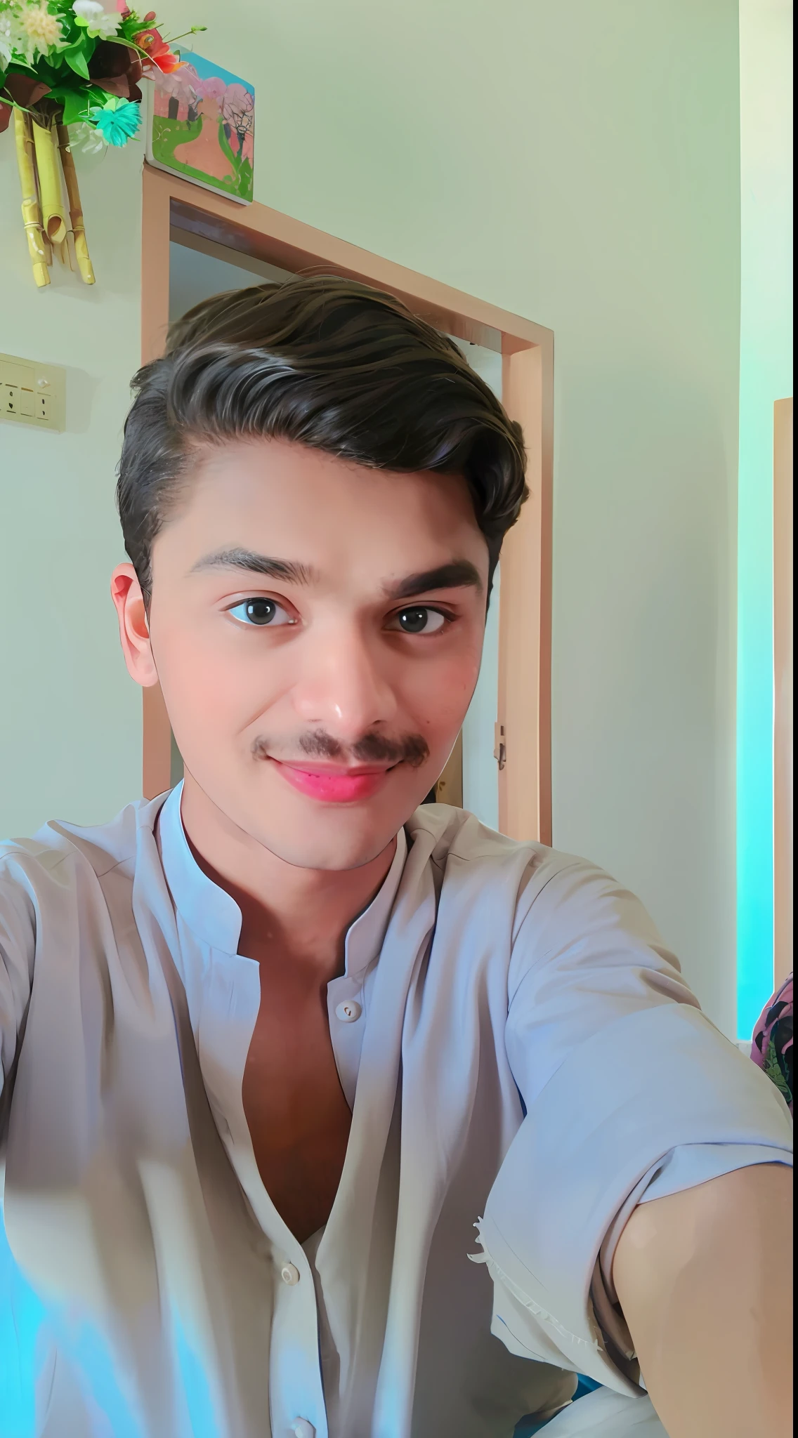 there is a man with a mustache and a shirt on taking a selfie, good looking face, with accurate face, with mustache, profile pic, handsome face, without mustache, with lovely look, kyza saleem, jayison devadas, ayan nag, really good looking face!!, khyzyl saleem, with a beautifull smile, harsh good looking face