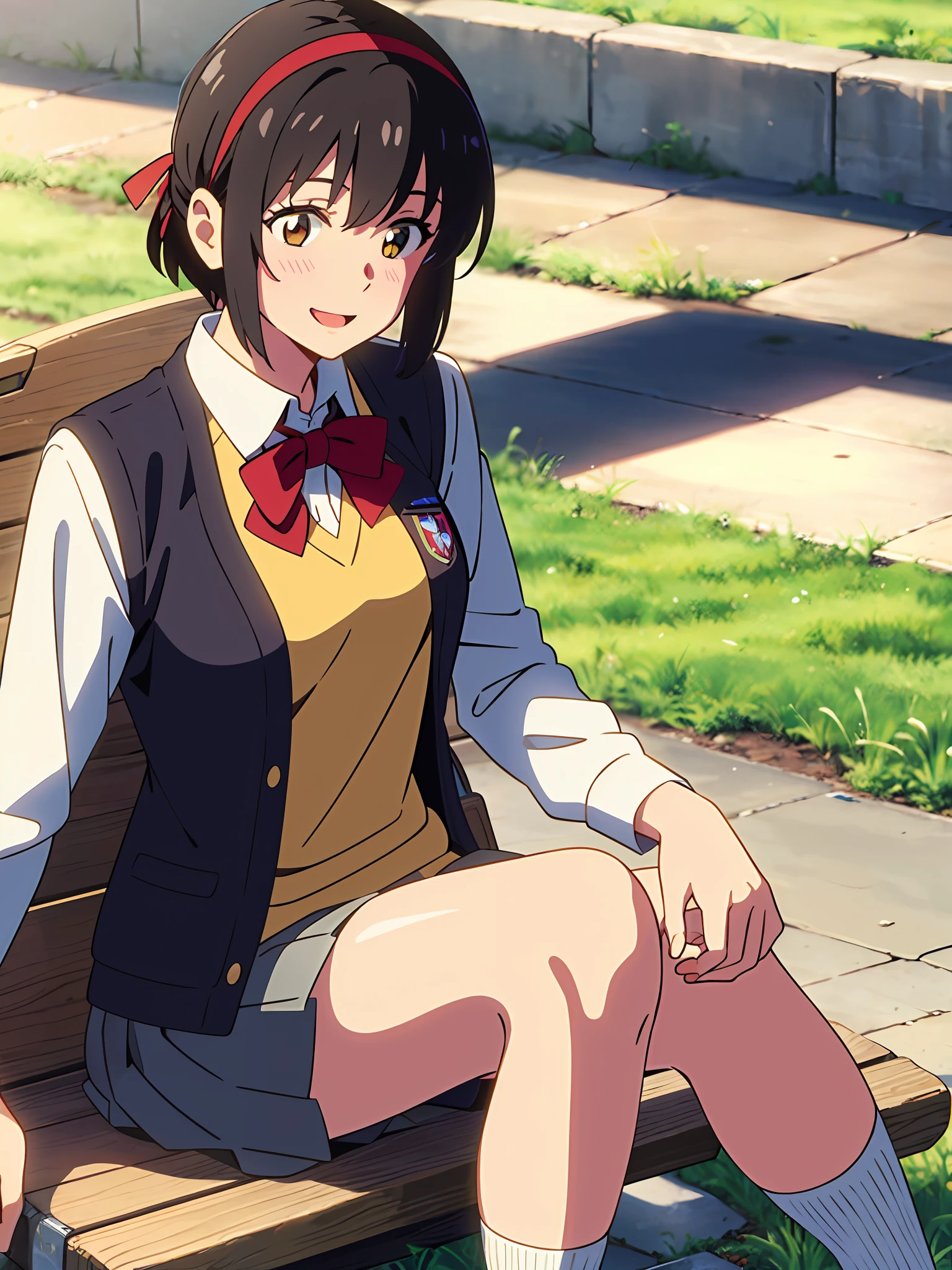 shinkai makoto, kimi no na wa., 1girl, bangs, black hair, blush, bow, bow, brown eyes, collared shirt, headband, headband, looking at the audience, red bow, red bow, red headband, red ribbon, Ribbon, school uniform, shirt, short hair, smile, solo, sweater vest, upper body, vest, white shirt, yellow sweater vest, yellow vest, smile, happy, open mouth, sitting on a bench with her feet up, afternoon hangout, sitting down casually