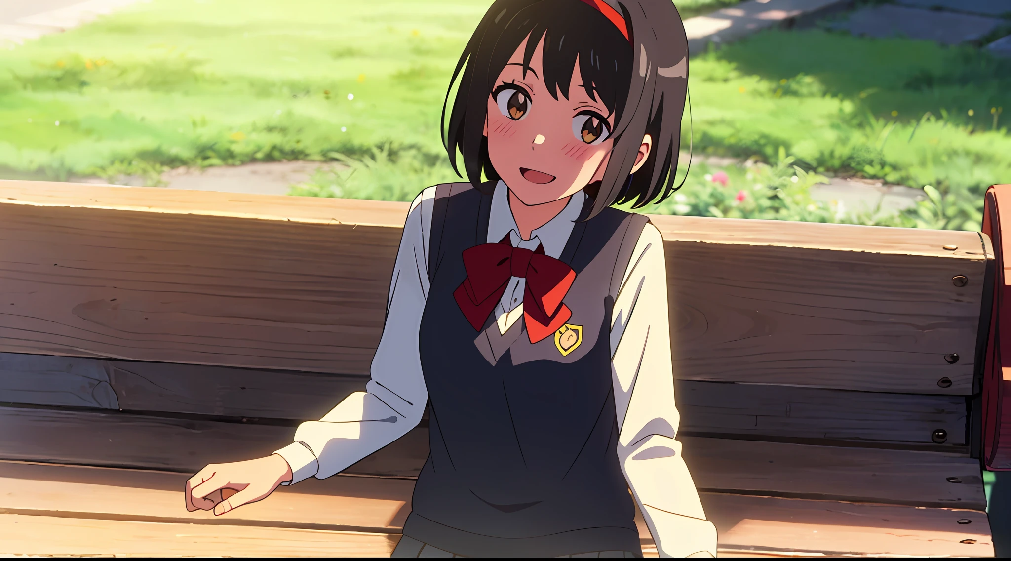 shinkai makoto, kimi no na wa., 1girl, bangs, black hair, blush, bow, bow, brown eyes, collared shirt, headband, headband, looking at the audience, red bow, red bow, red headband, red ribbon, Ribbon, school uniform, shirt, short hair, smile, solo, sweater vest, upper body, vest, white shirt, yellow sweater vest, yellow vest, smile, happy, open mouth, sitting on a bench with her feet up, afternoon hangout, sitting down casually