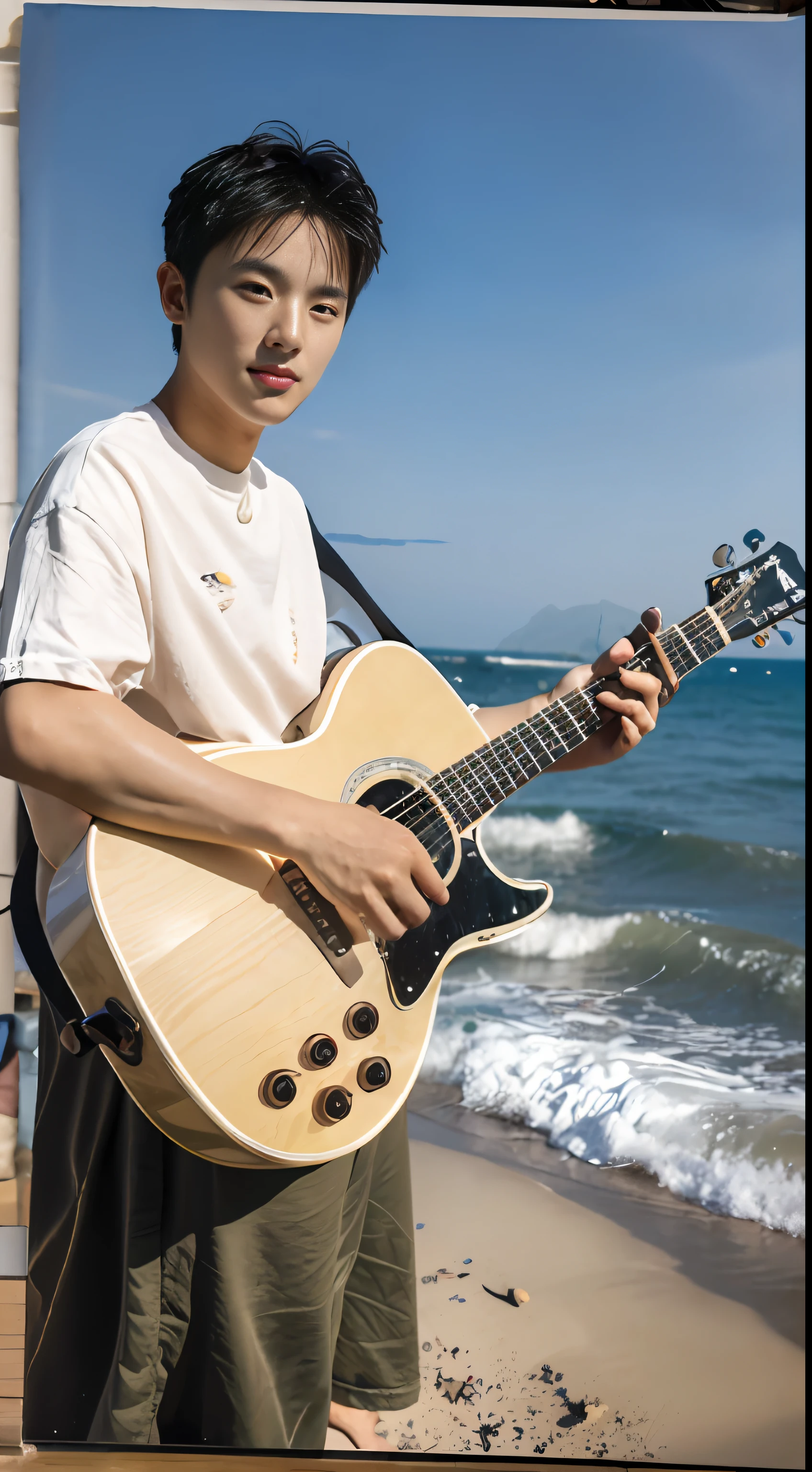（1 Chinese boy：1.5），Men playing guitar by the sea，phuket，Light on the face,photo of a realistic，photo of a realistic，Textured skin，Look into the camera，18-year-old boy，studio，mannequin，clong legs