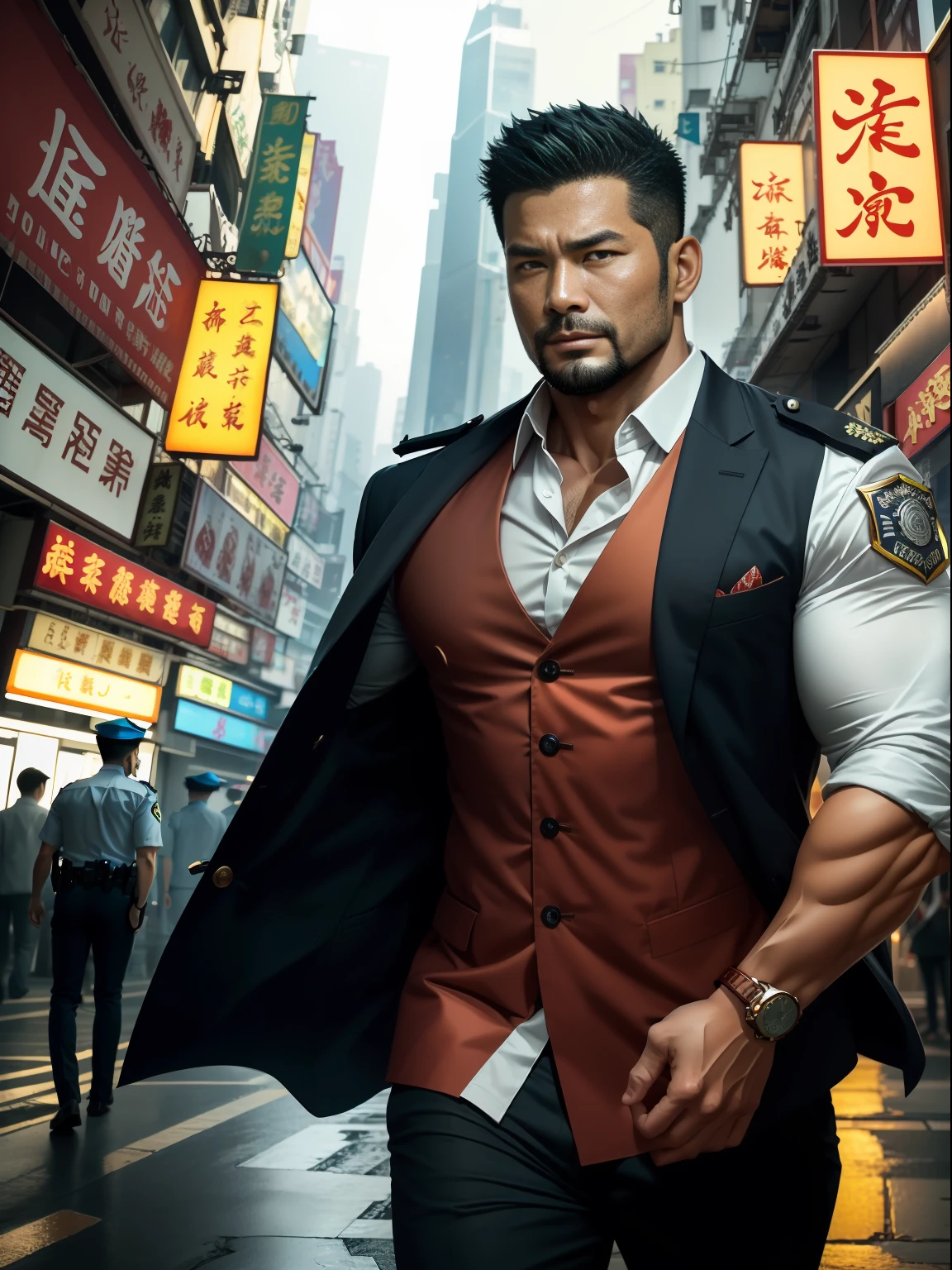 （nmasterpiece），Best Picture Quality，Super fine illustration，Interprets the handsome image of 35-year-old Hong Kong police detective Kong Lin, who is mature and mature。very muscular，Short hair and inadequate trimming of stubble，Dress up in a surreal city。Magic gathered around him，The red dragon flew by leisurely。Background details are exquisite，The scene is surreal，Create an enchanting graphic style。