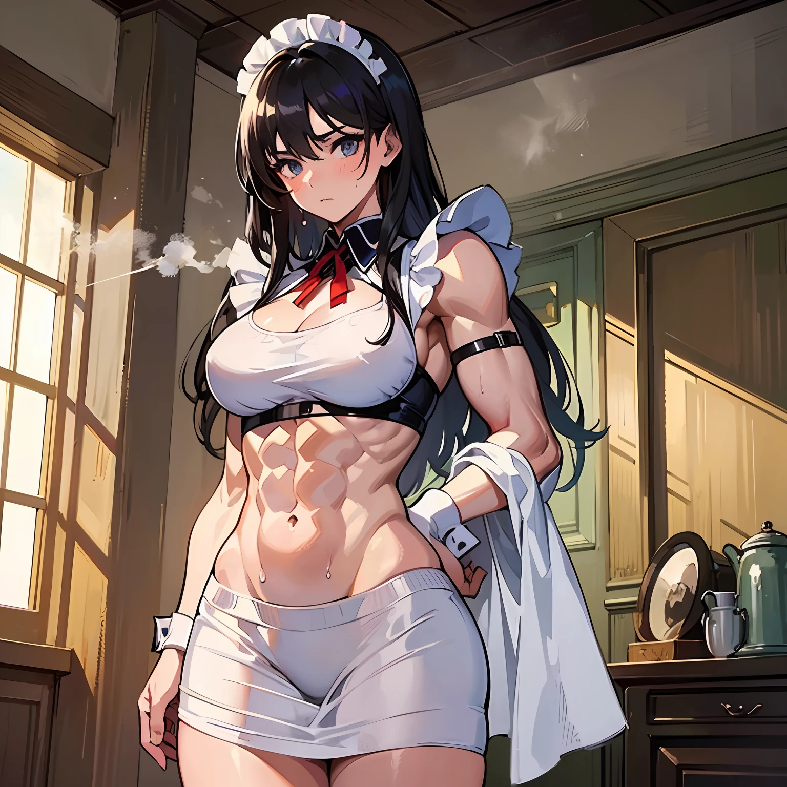 ((Masterpiece)), ((Best Quality)), ((Best Quality)), (Illustration of One Girl), Long Black Hair, Tall, (Muscular Strong Body), (Split Abs), (Muscular and Thick Arms), Body Stuffy with Sweat, Steam Drifting Around the Body, ((Maid Clothes)), Indoor