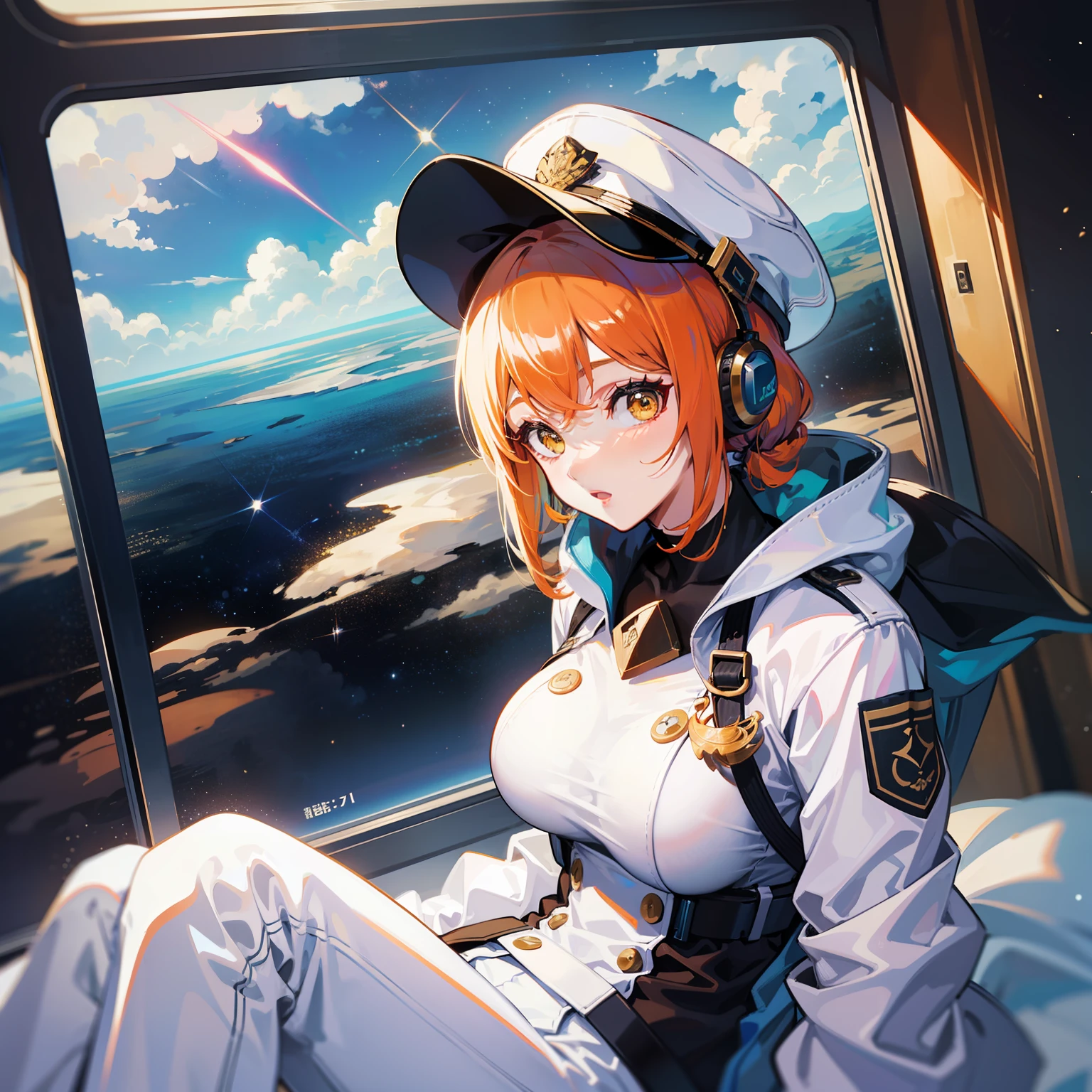 ((巨作))、((Top image quality))、((Top image quality))、(Illustration of one girl)、a whole body、25age、Side tail with orange hair、Yellow scrunchie、Yellow eyes、((Long body))、Giant tits、((Muscular and strong body))、((Muscular and strong body))、((Military uniforms))、((Military Cap))、((Military coat))、(white clothing)、(White pants)、(white headwear)、trench coat、((Inside the spaceship))、(Outside the window、the universe、Earth seen from space、Spaceport)