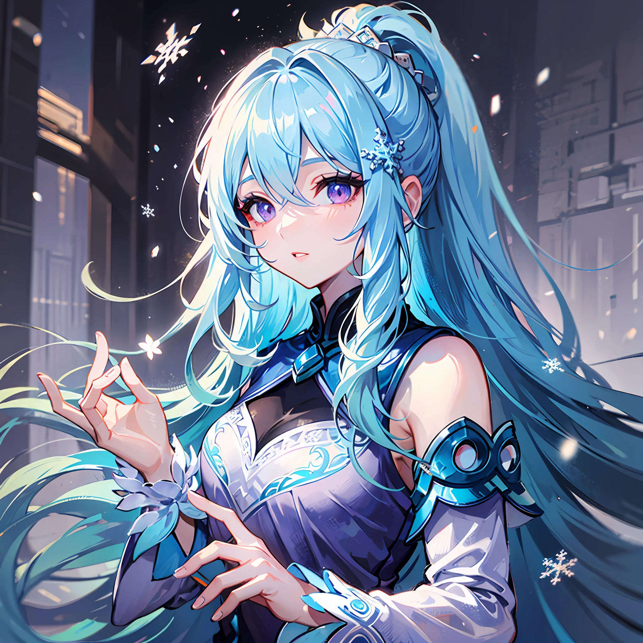 ((light blues))Long hair,Purple eye,(Blue-white)Gorgeous long dress,God of ice and snow,High ponytail,The little girl,lightblue hair,Surrounded by snowflakes,Fairy air fluttering,Pay attention to detail,HighestQuali,Thick clothes