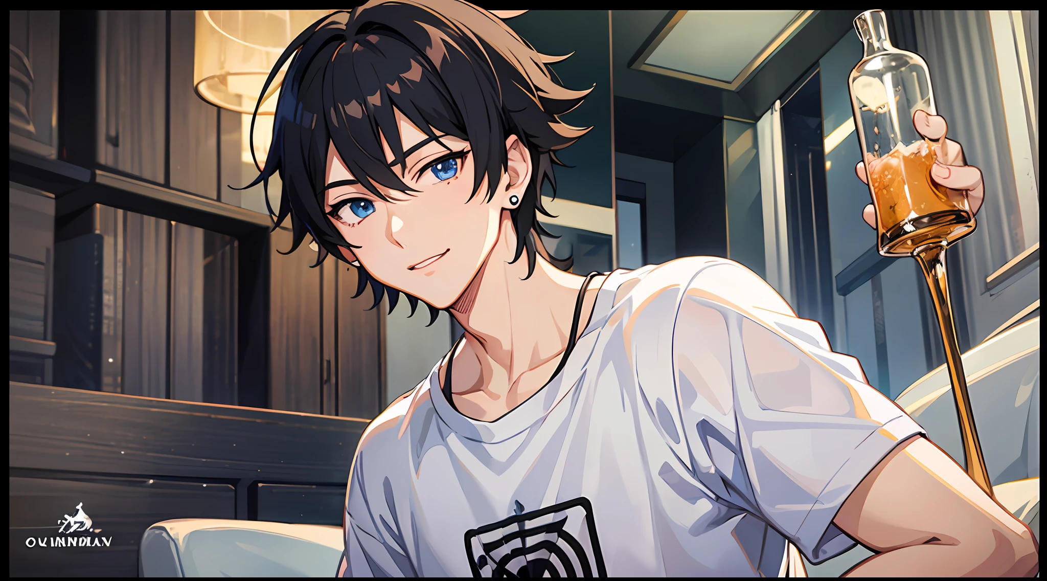 Anime character in white T-shirt standing in the living room of the villa，Tall anime man with blue eyes，young anime man，Anime handsome man，Anime portrait of a handsome man，Anime moe art style，Male anime style，inspired by Okumura Masanobu，male anime character，Anime boys，High quality anime art style，Handsome anime pose，Smooth anime CG art，with short black hair，Black stud earrings，The time is in the evening，It was dark，There is moonshine，There are lights in the living room，Polite smile
