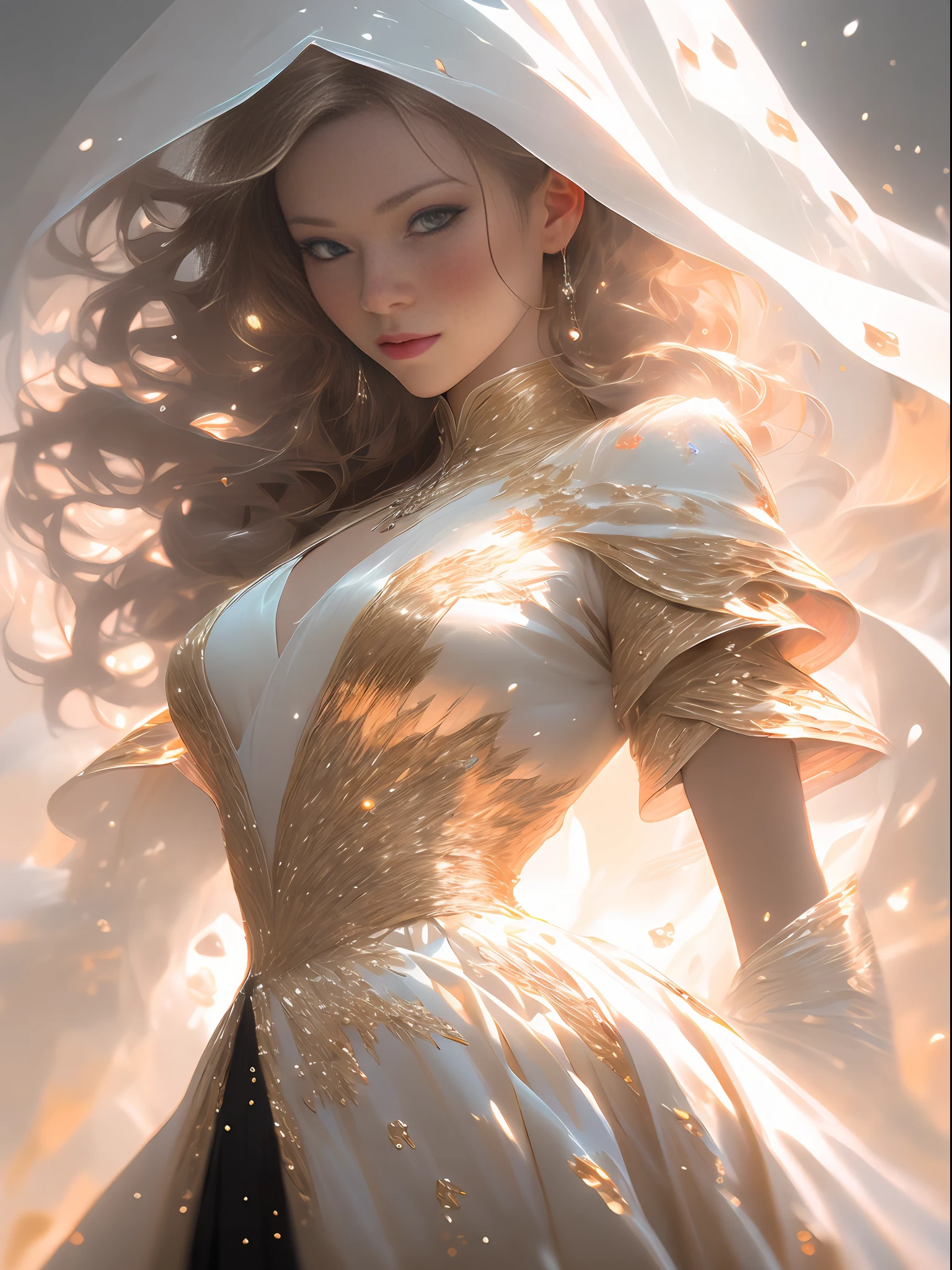 golden and white, hero, drip outfit, magical, highly detailed, trending on artstation, unreal engine 4 k, cinematic wallpaper by stanley artgerm lau, wlop, rossdraws, james jean, andrei riabovitchev, marc simonetti, yoshitaka amano. background by james jean and gustav klimt, light by julie bell, 4 k, porcelain skin, style of zdislaw beksinski, detailed, 8k, dynamic lighting, white chromatic aberration