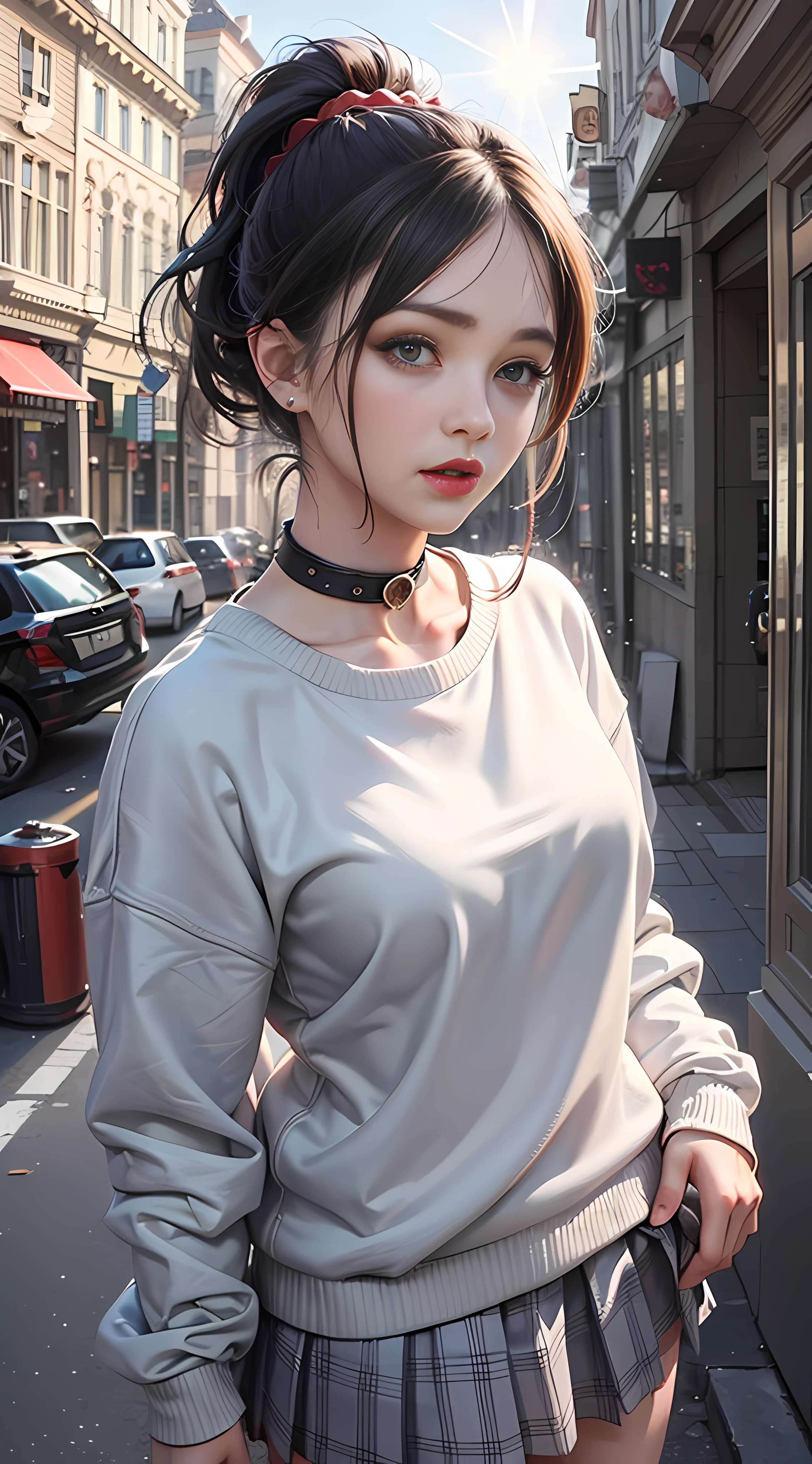 Ultra high quality，8K，gal girl，Sexy and feminine, high and cold，Enchanting，The head proportions are perfect，Gray high ponytail，Wear a sweatshirt monogram print, Short red high-waisted skirt，Flaming red lips，Swan neck，chokers，sun is shining