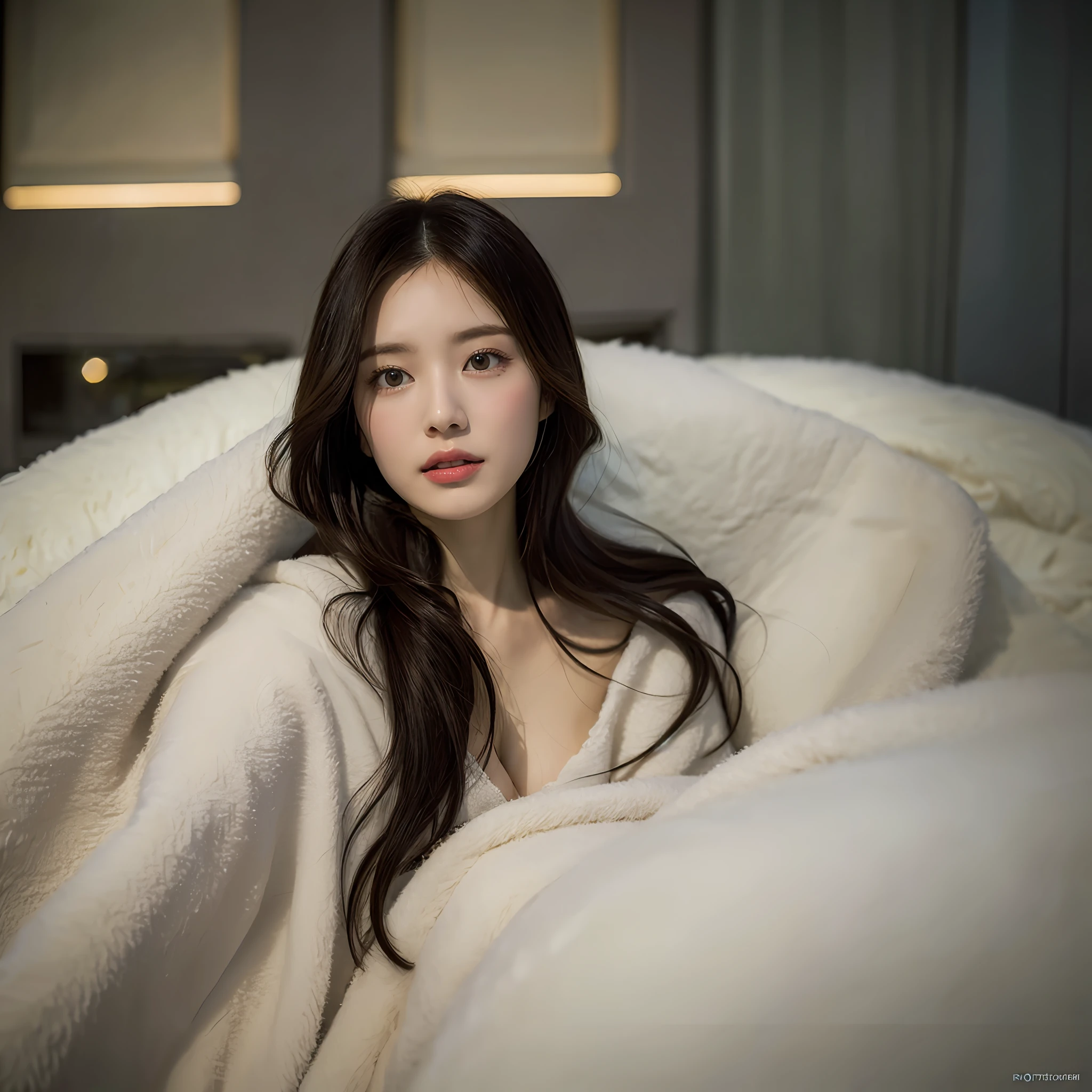 (in 8K、maximum quality、Master Pea:1.2)、(haired、_style)、(Realstic、pfotorealistic:1.37)、maximum quality、Master peace、Shot in a stately furnished luxury hotel、Gorgeous backgrounds、Sleeping in bed with a thin blanket、Full 、Cover below the chest with a blanket、Large room、[mediur breasts]、[little chest]、Two models with different atmospheres、Position one of the two in a well-balanced perspective、1 photo、High Balance、Backlight、shooting full body、From the knee up、Camera angle with background facing up、Hands holding hair to ears、Night outside、Shot in the dim yellow light of the room、Hair arrangements and underwear styles that match the trends of 2023、Three years for two Japan、Realstic、Realstic、super-detail、Beautiful facial features、20s、Actress、Half-Japanese and Russian models、Elaborate CG、slender、Charming、University students、Long model and bob model for 3 years Japan、Hair fluttering in the wind、Delicate skin type、Hair with fine details and softness、The model's hair color is slightly lighter and softer、Gloss makeup、The blanket clearly reflects the silhouette of the body