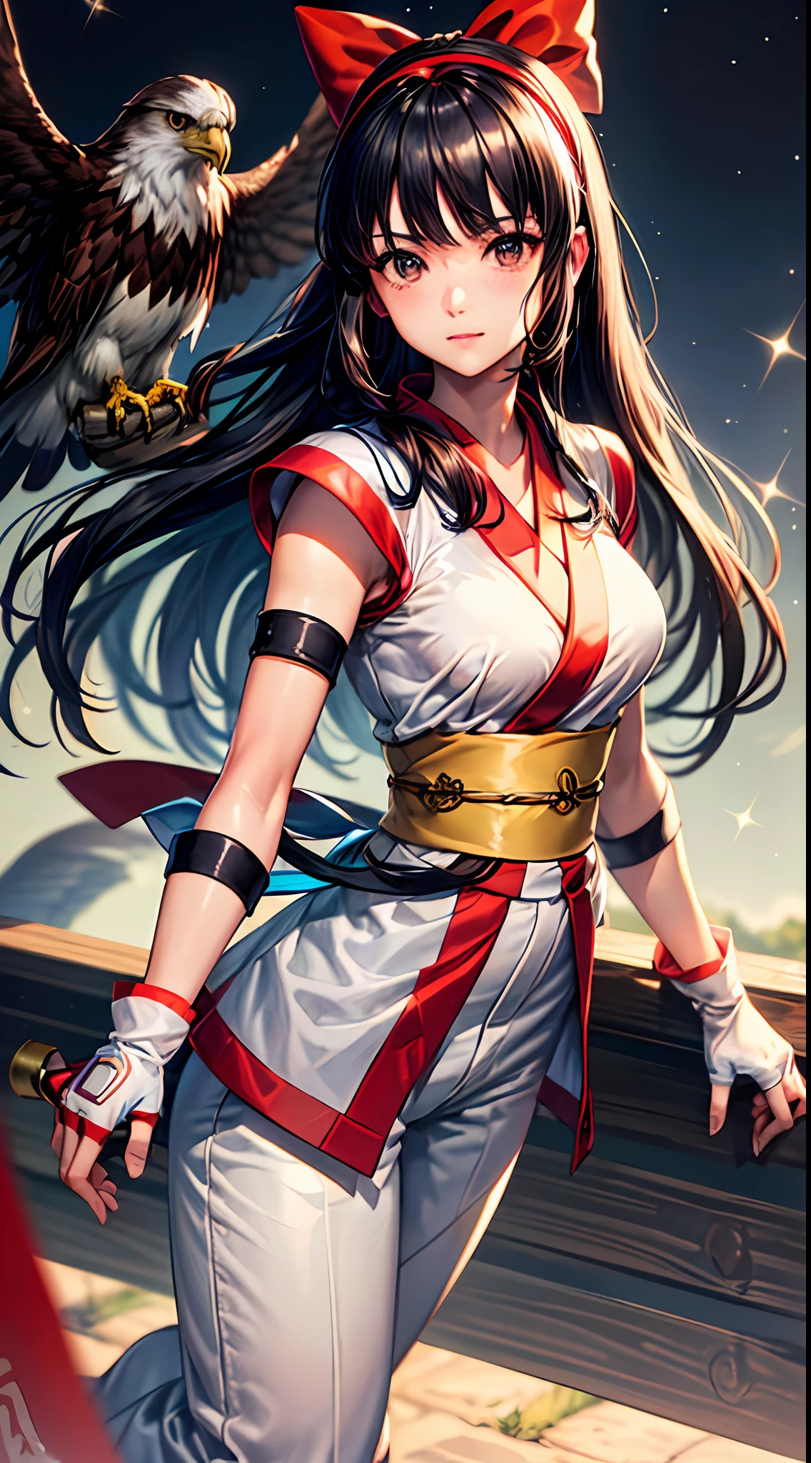 巨作, Best quality,1girls, nakorurums, Red bow, (The smooth pointing flies all the way to the eagle：1.3），bird's view, Long hair, Hair bow, ainu clothes, Solo, hairtie, Black hair, Fingerless gloves, shortsleeves, mitts, sash, pants, bangs, red hairband, breasts, Brown eyes, White pants, Japanese clothes, 巨作, (Sparkle: 1.3), Serious posture, (illustration: 1.5),，flip flops