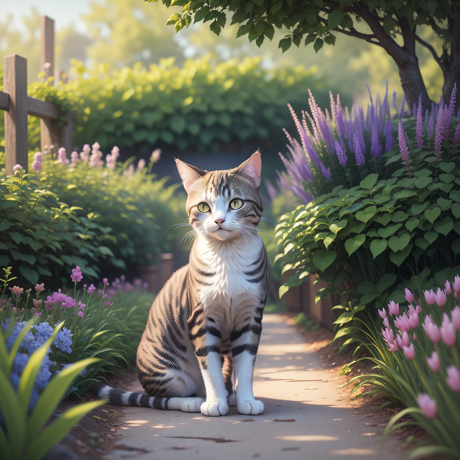 Illustration of a cat standing in the middle of a row of cherry blossom trees