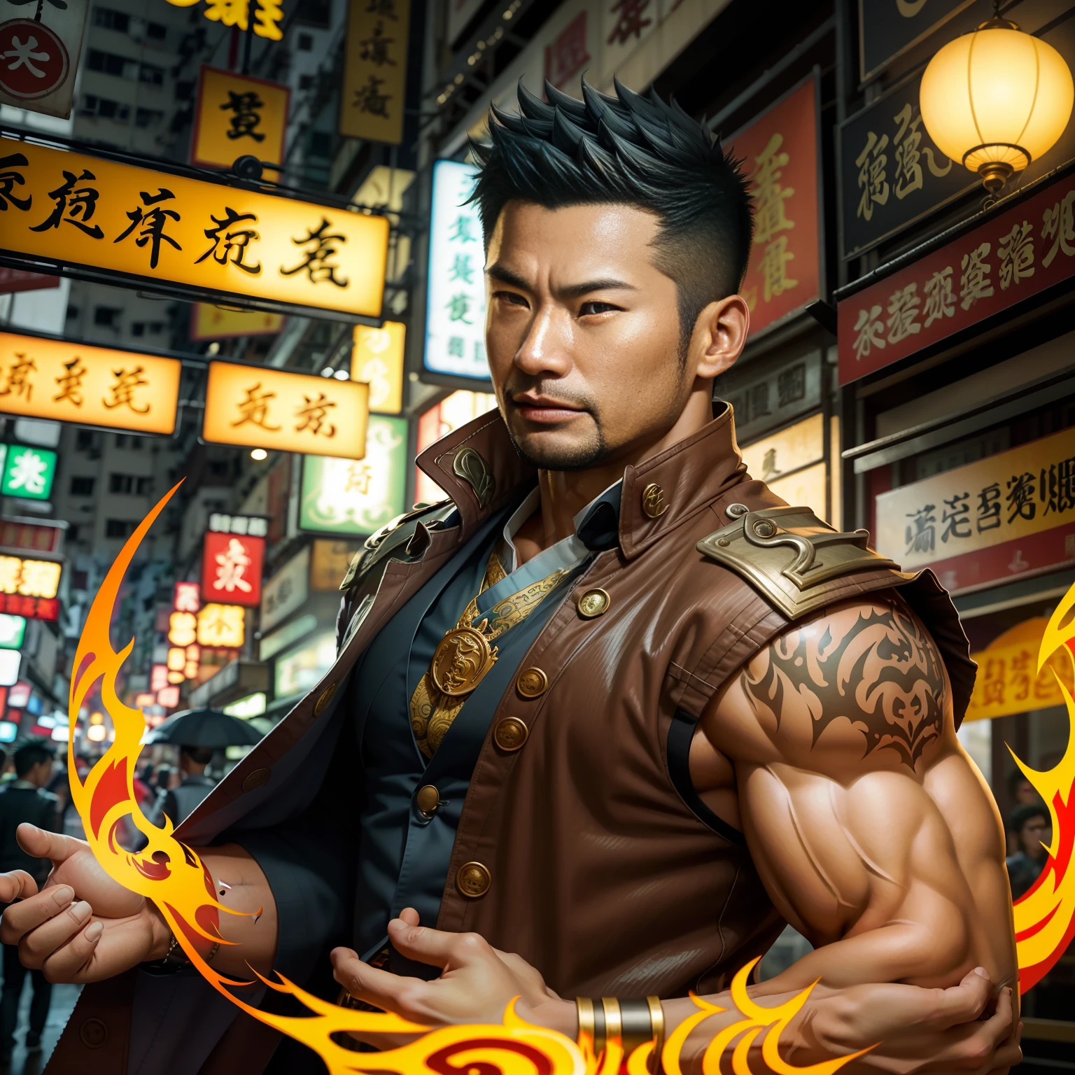 (巨作) Extremely quality, hyper detailed illustration, Ultra-high resolution, Interprets the handsome image of 35-year-old Hong Kong detective Kong Lin, who is mature and mature。Muscle average,Short hair and inadequate trimming of stubble,Dress up in a surreal city。Magic the Gathering cards floating around him,The red dragon flew by leisurely。Background details are exquisite,The scene is surreal,Create an enchanting graphic style。