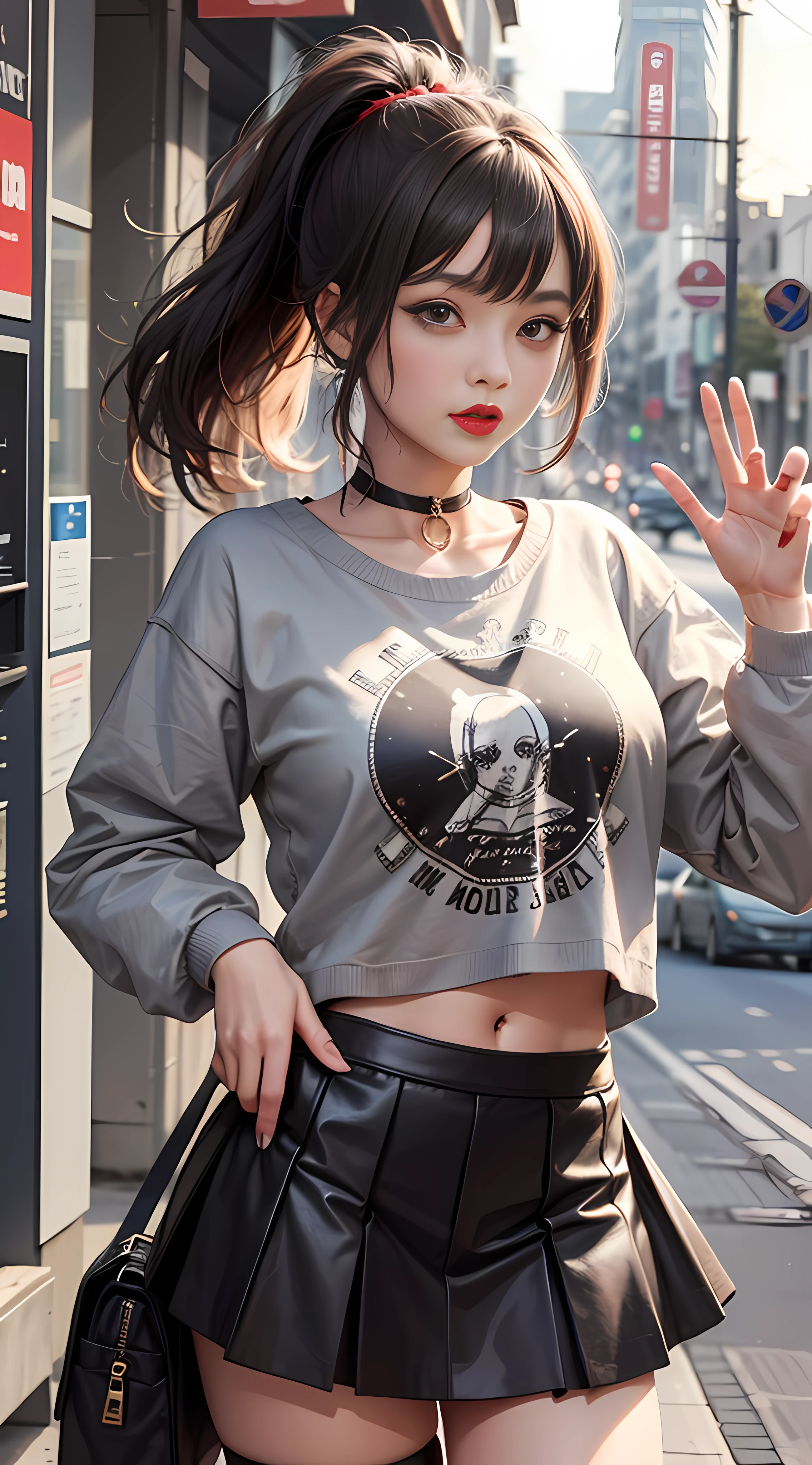 Ultra high quality,8K,gal girl,Sexy and feminine, high and cold,Enchanting,The head proportions are perfect,Gray high ponytail,Wear a sweatshirt monogram print, Short red high-waisted skirt,Flaming red lips,Swan neck,chokers,sun is shining