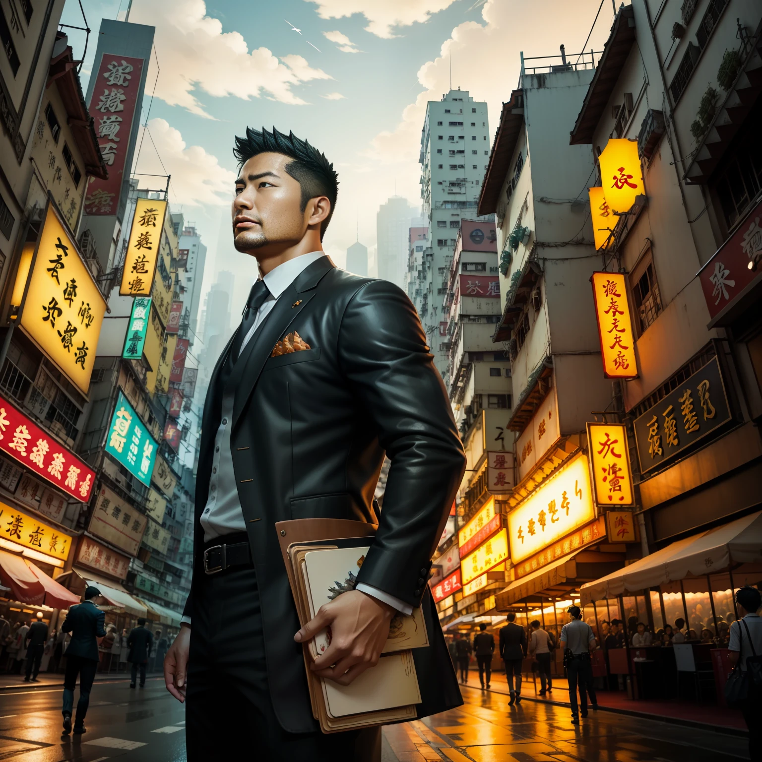 (巨作) Extremely quality, hyper detailed illustration, Ultra-high resolution, Interprets the handsome image of 35-year-old Hong Kong detective Kong Lin, who is mature and mature。Muscle average，Short hair and inadequate trimming of stubble，Dress up in a surreal city。Magic the Gathering cards floating around him，The red dragon flew by leisurely。Background details are exquisite，The scene is surreal，Create an enchanting graphic style。