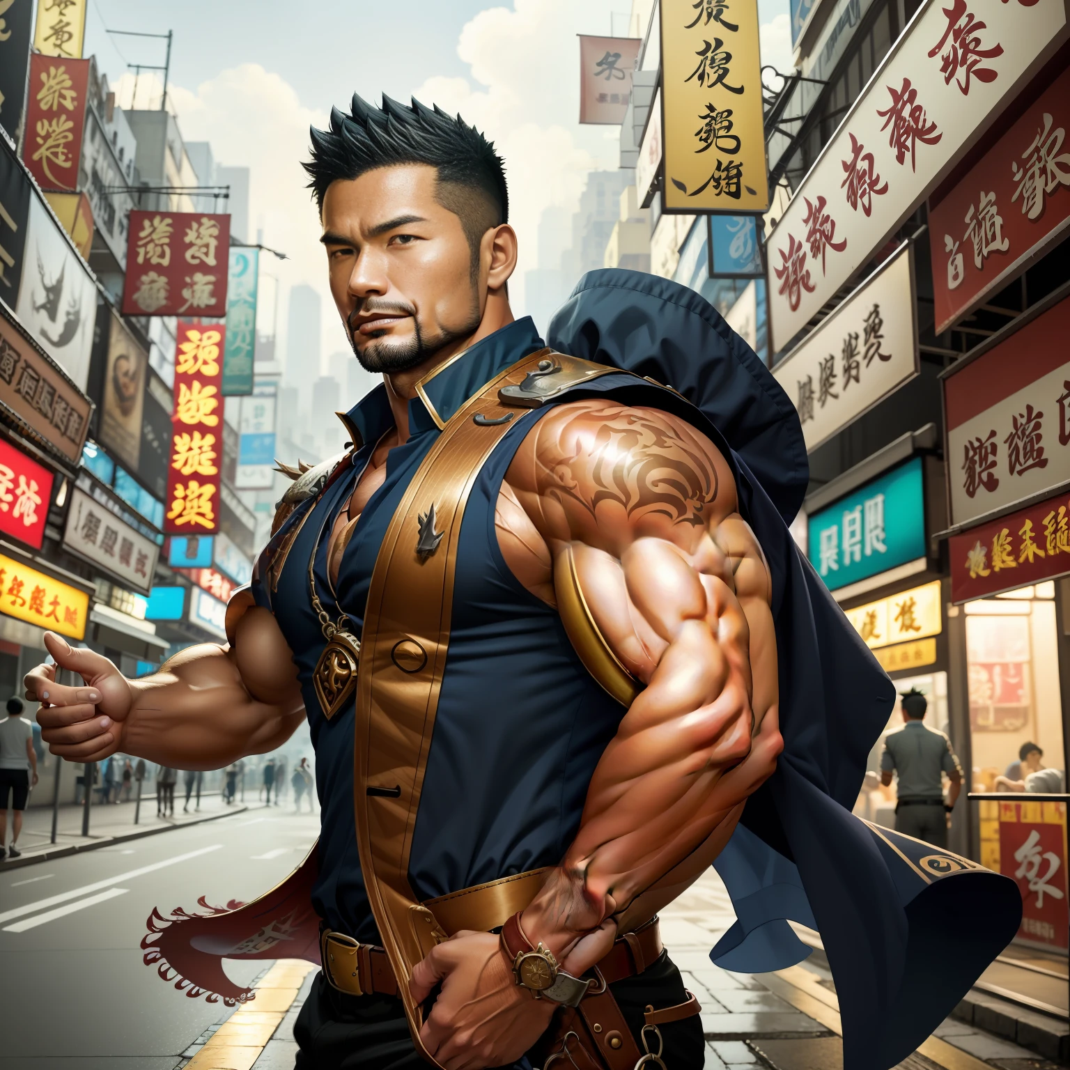 (巨作) Extremely quality, hyper detailed illustration, Ultra-high resolution, Interprets the handsome image of 35-year-old Hong Kong detective Kong Lin, who is mature and mature。Muscle average，Short hair and inadequate trimming of stubble，Dress up in a surreal city。Magic the Gathering cards floating around him，The red dragon flew by leisurely。Background details are exquisite，The scene is surreal，Create an enchanting graphic style。