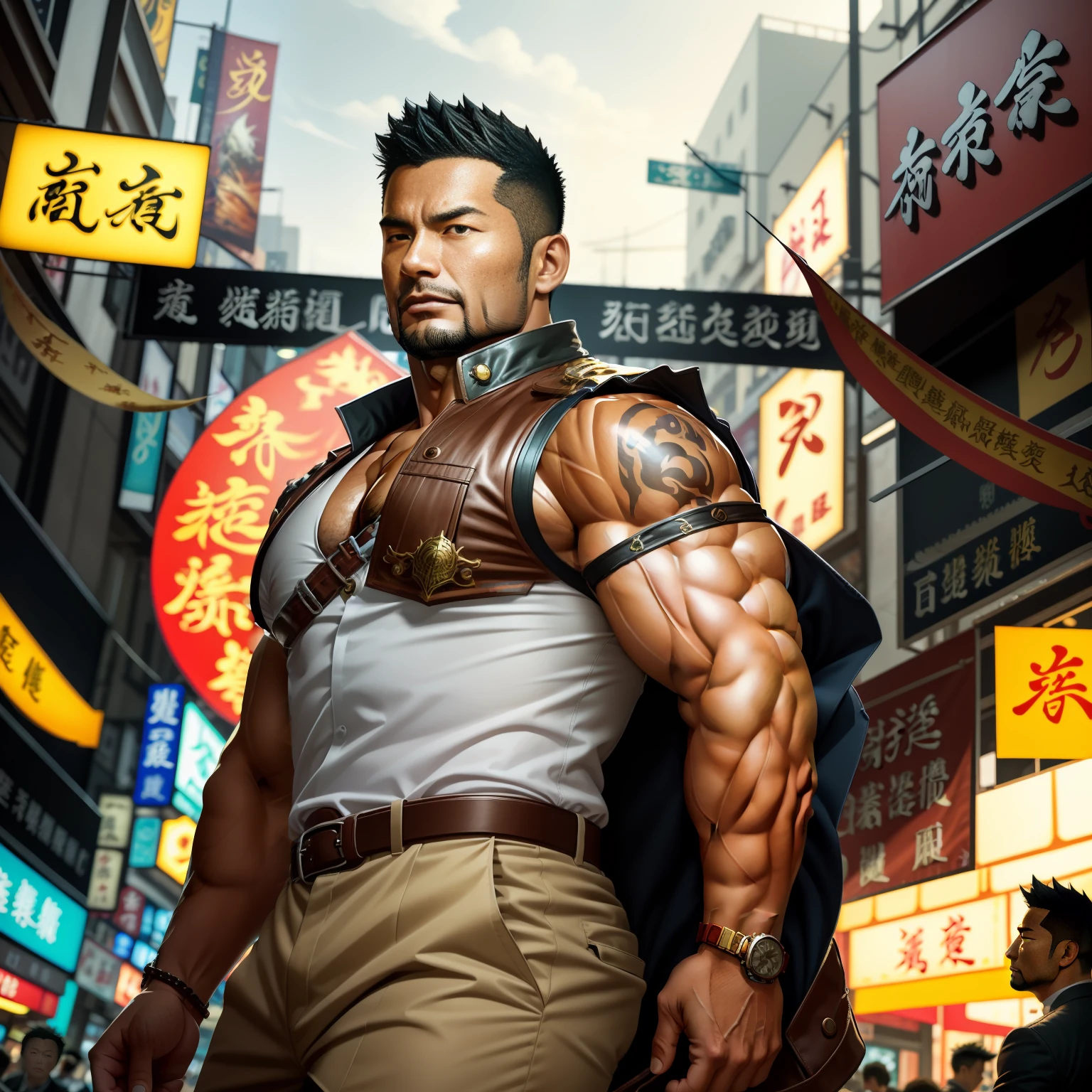 (巨作) Extremely quality, hyper detailed illustration, Ultra-high resolution, Interprets the handsome image of 35-year-old Hong Kong detective Kong Lin, who is mature and mature。Muscle average，Short hair and inadequate trimming of stubble，Dress up in a surreal city。Magic the Gathering cards floating around him，The red dragon flew by leisurely。Background details are exquisite，The scene is surreal，Create an enchanting graphic style。