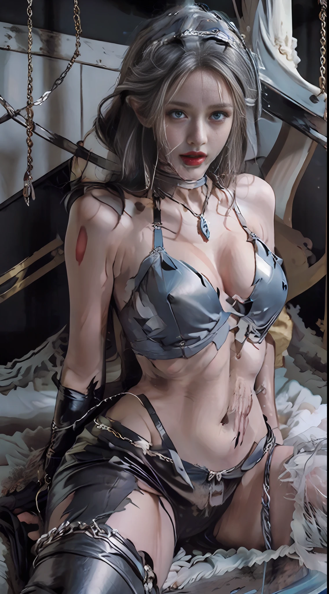- [ ] Photo,Sharpness,Unique 850 4, Koda850 k portrait camera, F1.6 lens,Hyperrealistic textures,spectacular light textures, Cinestil 800 Fashion Mechanics, (((A four-pointed, finger-sized drill is directed to the body.、One drill splits the ground and extends upward towards the crotch))),(Tears flow, cry with pain),Appearance,Beautiful girl with accentuated slender abs: 1.4,six-pack abs: 1.4, Bust Botox,Standing on tiptoe, long legs,Long brown hair fluttering in the wind,Brown hair, Long hair, Female Warrior Costume、((Wearing a torn sheer costume of a superheroine)),(No panties, No bra),(futuristic sci-fi battle fashion,elbow and knee cyberpad, cyberglove: 1.1),((Torn costume)),The belly comes out and the navel is visible,Thin sheer costume,The chest area is torn、metallic shoulder armor and combat gloves,shredded costumes,cyber long combat boots with golden knee pads,Anatomical,(futuristic sci-fi battle fashion, cracked elbow and knee cyberpads, torn cyberlong boots, torn cybergloves: 1.1),Vast prison、((wide prison with sunlight)), peeling ceilings, broken slabs, Rebar between cracks, Realistic material details, Extreme details, Ultra-realistic materials, Broken walls,torn cloak, ripped pantyhose, Restraints, ((straddling the iron bar)),(tied perfectly by iron chain), Restraint, Slave, collars, contempt, (Chained), chains digging into crotch, Hands tied behind the back, Invisible hands, ((4 chains hung from heaven)), Metallic shackles and fetters, wet crotch clearly visible,((Hands are restrained above the head)), (((The left leg tied at the knee is suspended))),the neck is chained、Chain from left knee to heaven、Chained by rusty iron chains、((Chains over clothes)) , ((the tip is protruding, areolas protruding, The shape of the pubic area is clearly visible)),((Left leg tied with chains in Y-shaped balance pose)), ((iron pipe into the crotch)) ,Sweating,Wet,Wet crotch,Wet thighs,bloods,Blood splattered on the face, Junkyard, blood splattered, Realistic, (bruises, dir