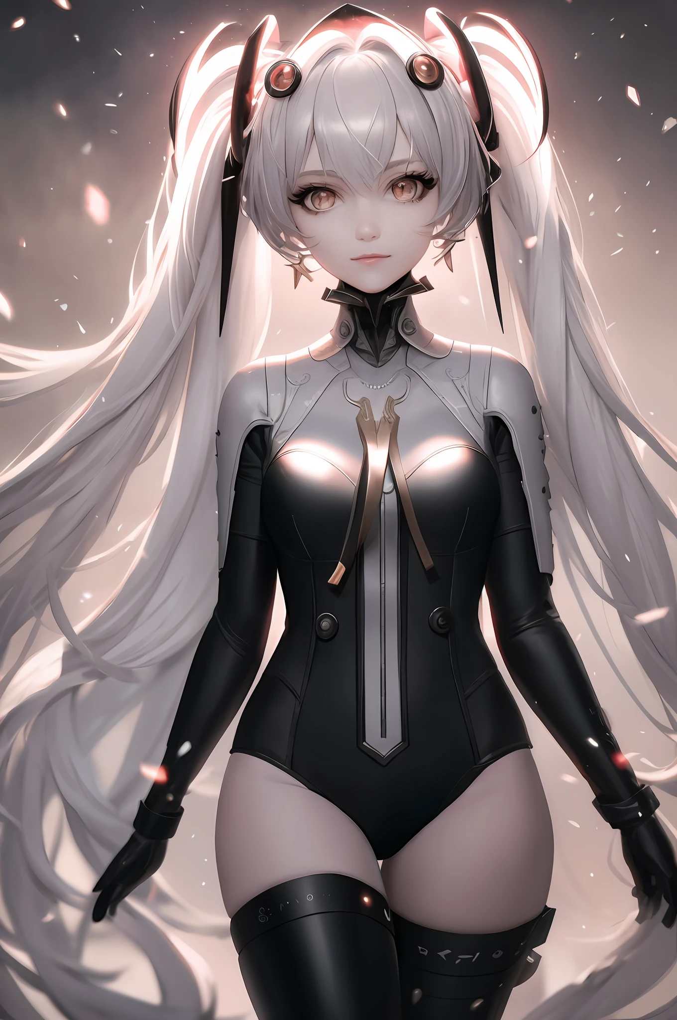 pgr_luna, 8k, intricate, elegant, highly detailed, majestic, hires, masterpiece, best quality, 1girl, bangs, breasts, eyebrows_visible_through_hair, hair_ornament, light_particles, long_hair, looking_at_viewer, medium_breasts, solo, twintails, very_long_hair, yellow_eyes, white hair,