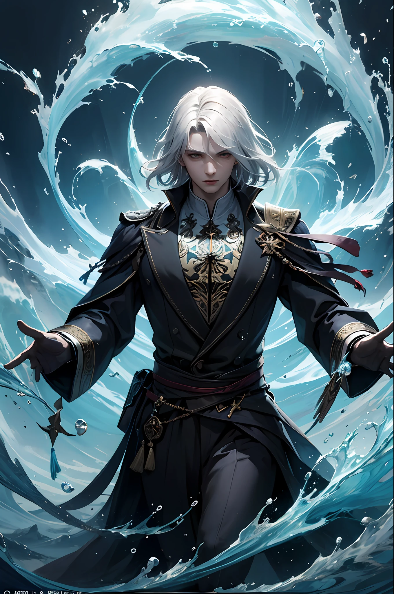 （nmasterpiece，best qualitiy：1.4），（absurdress，highly resolution，ultra detaile：1.2），（1 handsome man with white hair：1.4），（Use black magic：1.4），Water magic，Playful illustration of the magician，Imaginative overlays，artistic fusion，Fantastic scenes，evocative narratives，striking visual effects，Haut du corps，