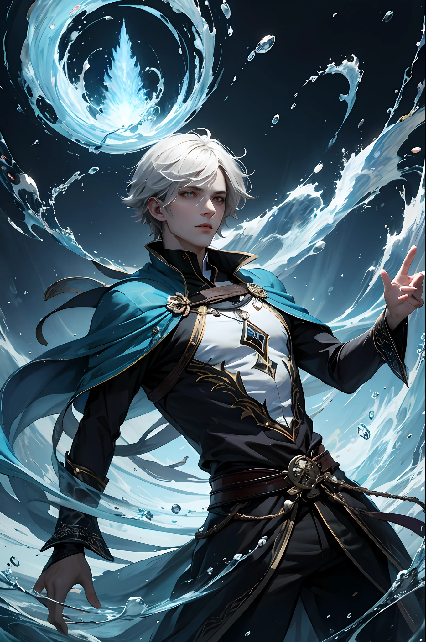 (nmasterpiece,best qualitiy:1.4),(absurdress,highly resolution,ultra detaile:1.2),(1 handsome man with white hair:1.4),(Use black magic:1.4),Water magic,Playful illustration of the magician,Imaginative overlays,artistic fusion,Fantastic scenes,evocative narratives,striking visual effects,Haut du corps,