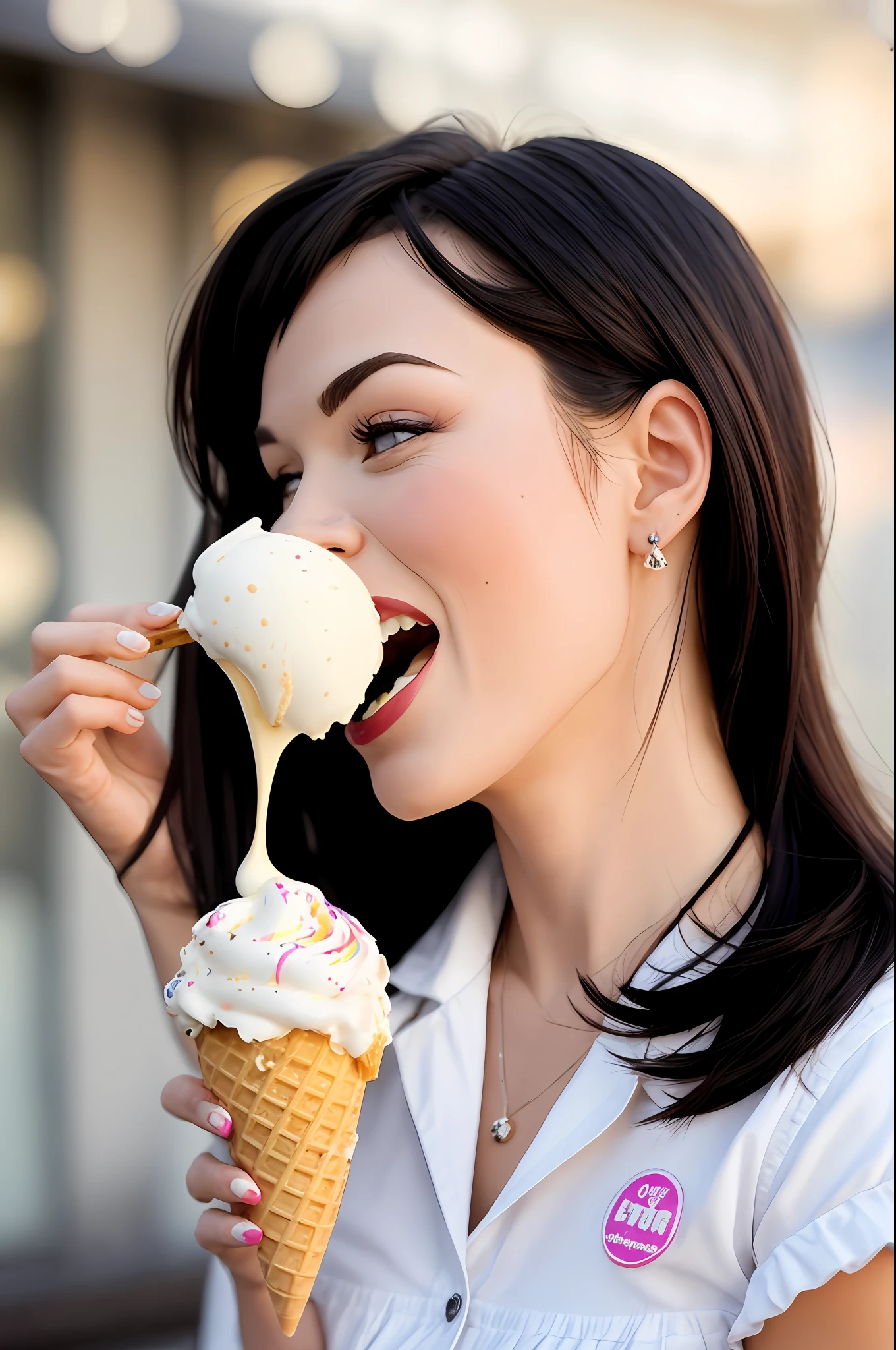 Bettie Page Woman Licking [Thick Ice Cream Egg Roll: Soft Cream], Sticking Out Her Tongue, [Give Ice Cream], [Holding Ice Cream Cone in Hand], [Ice Cream Cream Cream], (Oblique View, Side View: 1), (awaitingtongue:0.4), (ALATSuckFace:0.3), [Give and Lick Soft Cream: Lick Soft Cream], Realistic Tongue, Three Scoops Soft Serve, High Ice Cream , close-up, POV, messy ice cream, multiscoop ice cream, (LOP: 0.5), (waffle cone: 1.0), collar, sexy tongue, 1girl, (Koh_SashaGrey:0.7)