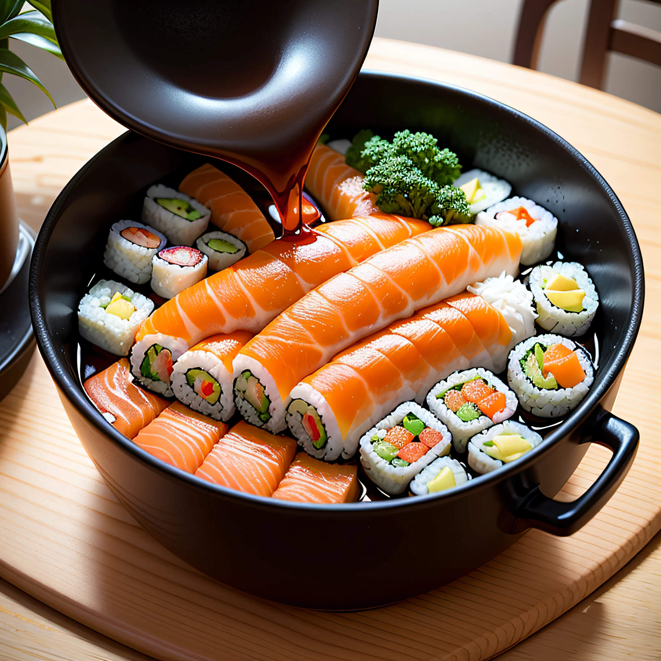 Visualize uma caixa de sushi ultrarealista com uma sereia sentada dentro, segurando uma garrafa de molho de soja. She's pouring the sauce over the sushi pieces, adicionando um toque extra de sabor e observando enquanto os sabores se misturam em perfeita harmonia. --auto
