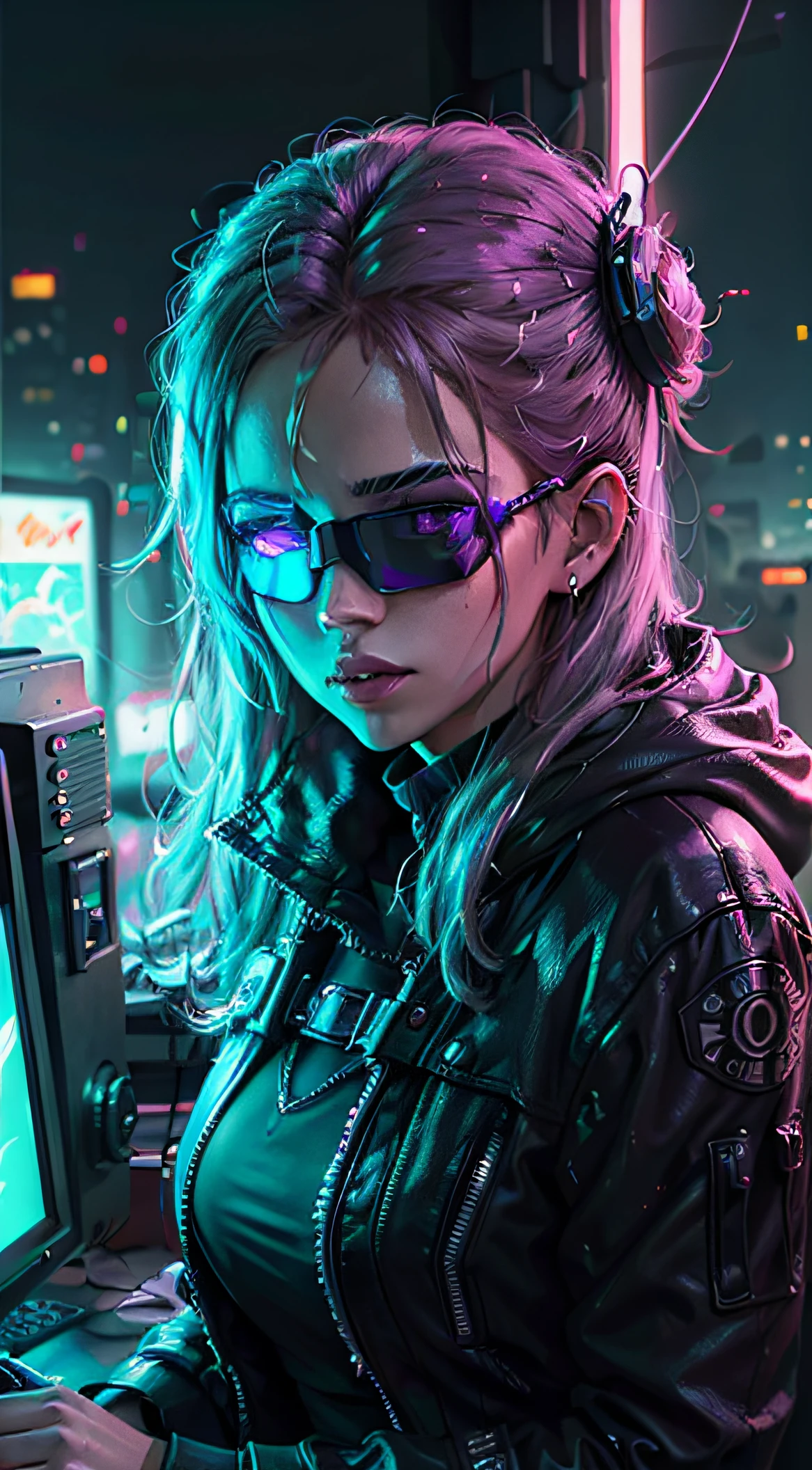 ((Best quality)), ((masterpiece)), (highly detailed:1.3), 3D,NeonNoir, beautiful cyberpunk woman,(wearing head-mounted display that is chunky and hi-tech:1.2),wearing a cape,hacking a computer terminal,PURPLE NEON LIGHT FROM MONITOR, GREEN NEON SIGNS ON THE WALL