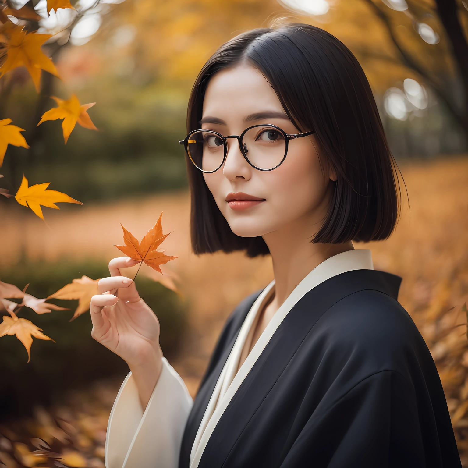((Top Quality, 8k, Masterpiece: 1.3))　Black-haired woman in kimono wearing glasses with autumn leaves and short Japan shortcut