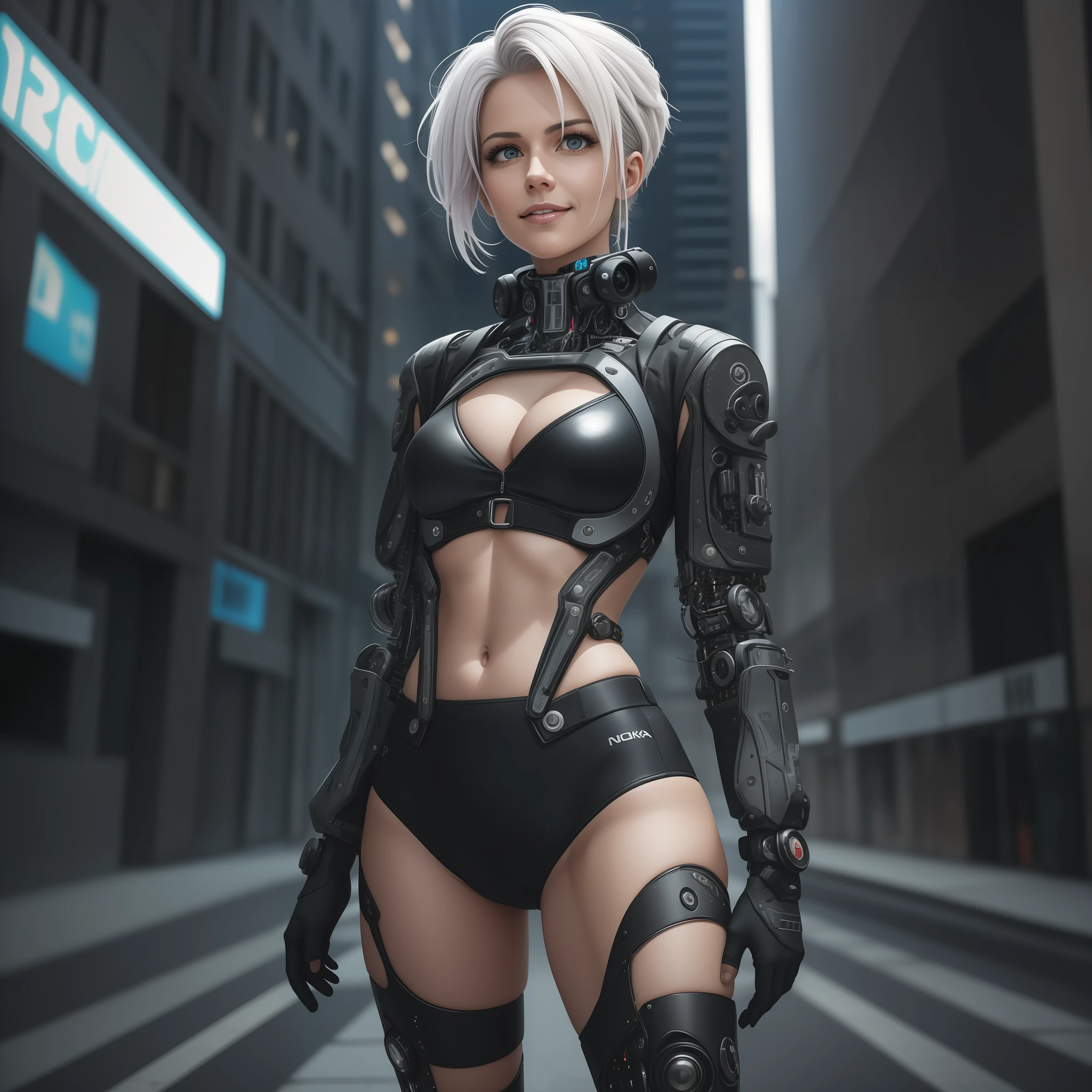 Rosto de Marie Fredriksson (Roxette) aos 30 anos, jaqueta de couro branca, Tactical Black Cybernetic Body, Pose de ataque, hdr, modelshoot, de fundo cidade futurista iluminada, fotorrealista, 8k, corpo proporcional, olhar para o expectador, sorriso incrivel, standing on, Nokia camera, Fuji Camera