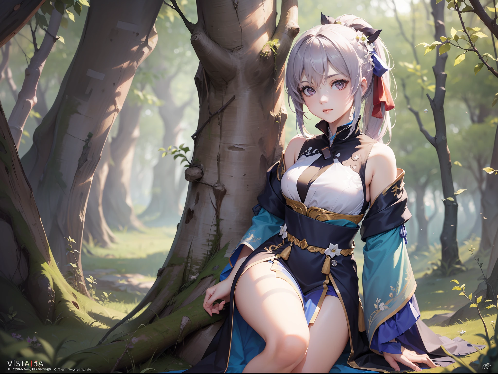 (CG Unity 8K wallpaper in extreme detail，nmasterpiece，Highest image quality)，(Delicate light and shadow，The picture is highly dramatic，Cinematic lens effect)， iwhite colored hair，gradient pink，Long single ponytail，pretty eyes，Lovely face，White Hanfu， leg，Sit on a branch，The background is the forest(Exceptional detail，The lighting effect is outstanding，Vista wide angle)，(Excellent rendering，Enough to stand out from the crowd)，