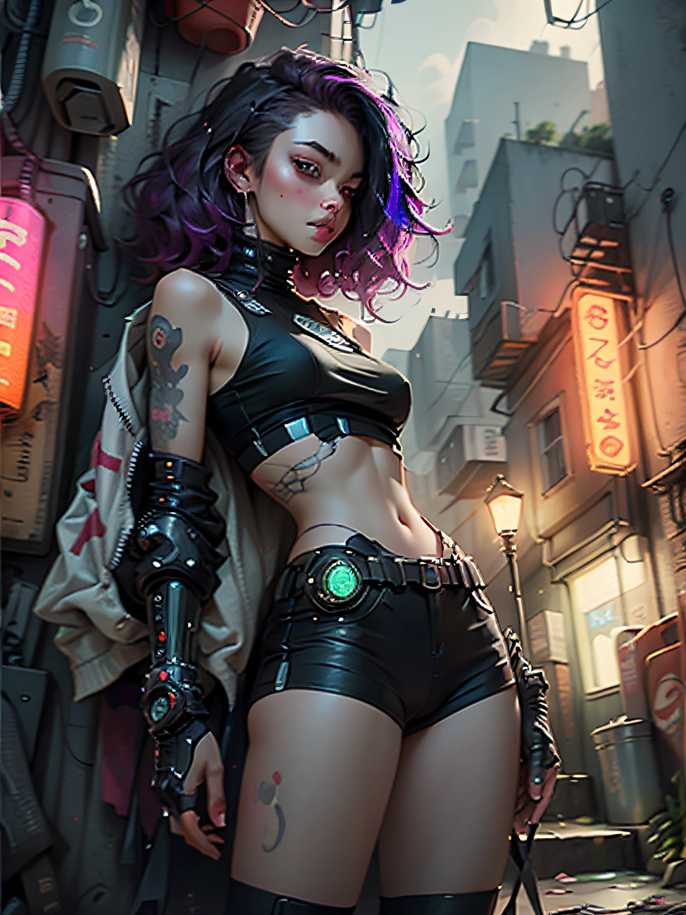 dark magenta wildly hair, Woman, cybernetic body parts, black and green clothes, cyberpunk city, night