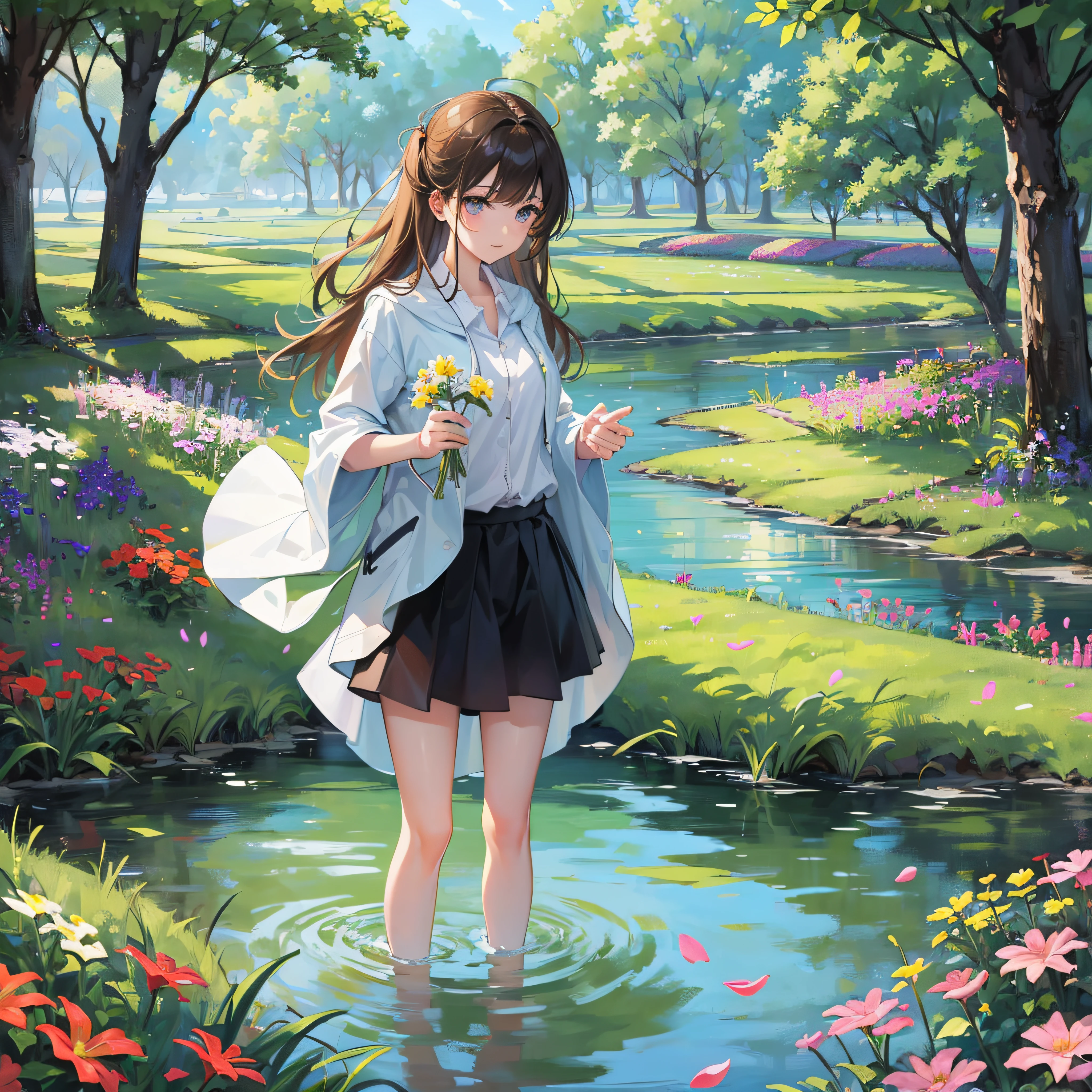 Day man,Adult women,ayu,clong legs,long haired,skies,A blue sky,baiyun,Little River,grass field,blossoms --auto