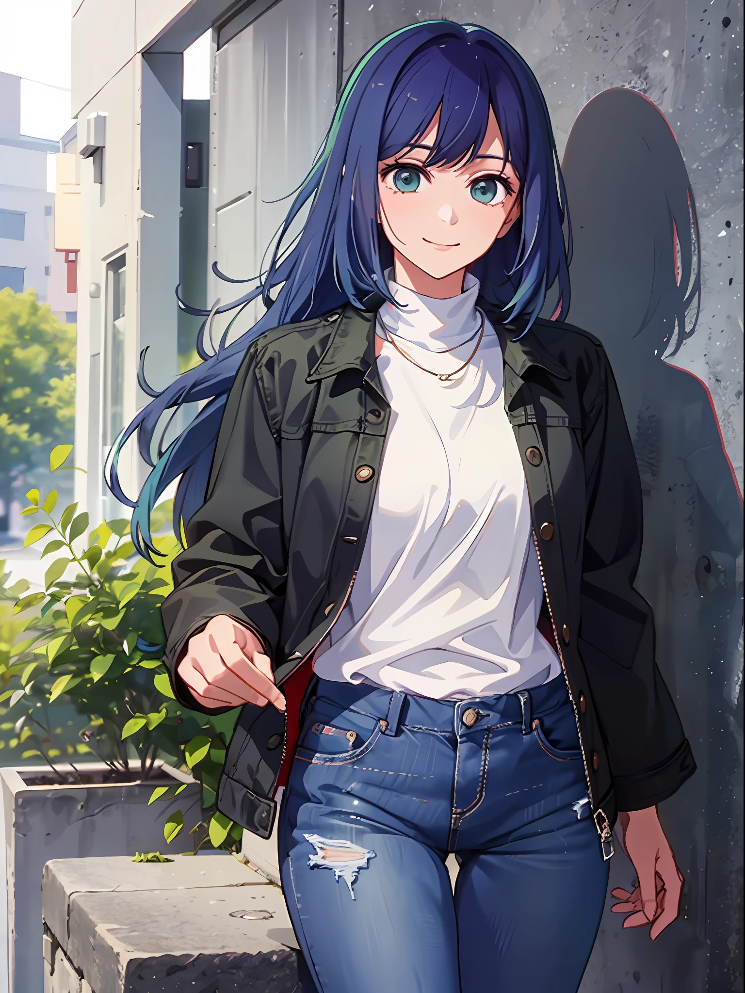 (RAW Photos, Top Quality, Masterpiece), (Real, Photoreal), 1 Girl, Solo, Akane, Blue Hair, Black High Neck Long Sleeves, Coat, Jeans, 3D, Realistic, Live Action, CG, Glowing Hair, Fluttering Hair, Lustrous Skin, Smile
