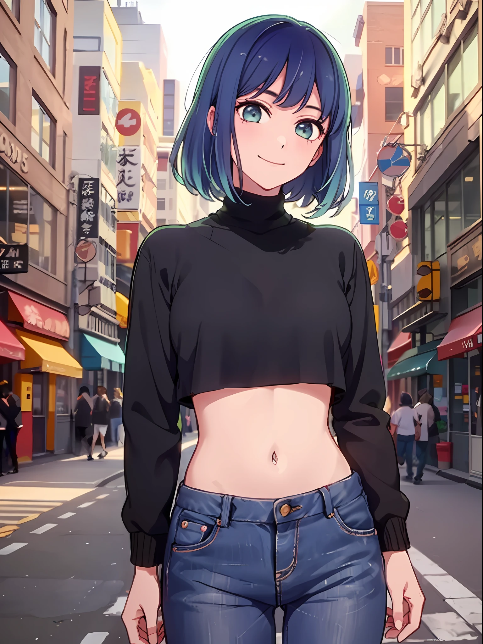 (RAW Photos, Top Quality, Masterpiece), (Real, Photoreal), 1 Girl, Solo, Akane, Blue Hair, Black High Neck Long Sleeves, Coat, Jeans, 3D, Realistic, Live Action, CG, Glowing Hair, Fluttering Hair, Lustrous Skin, Smile