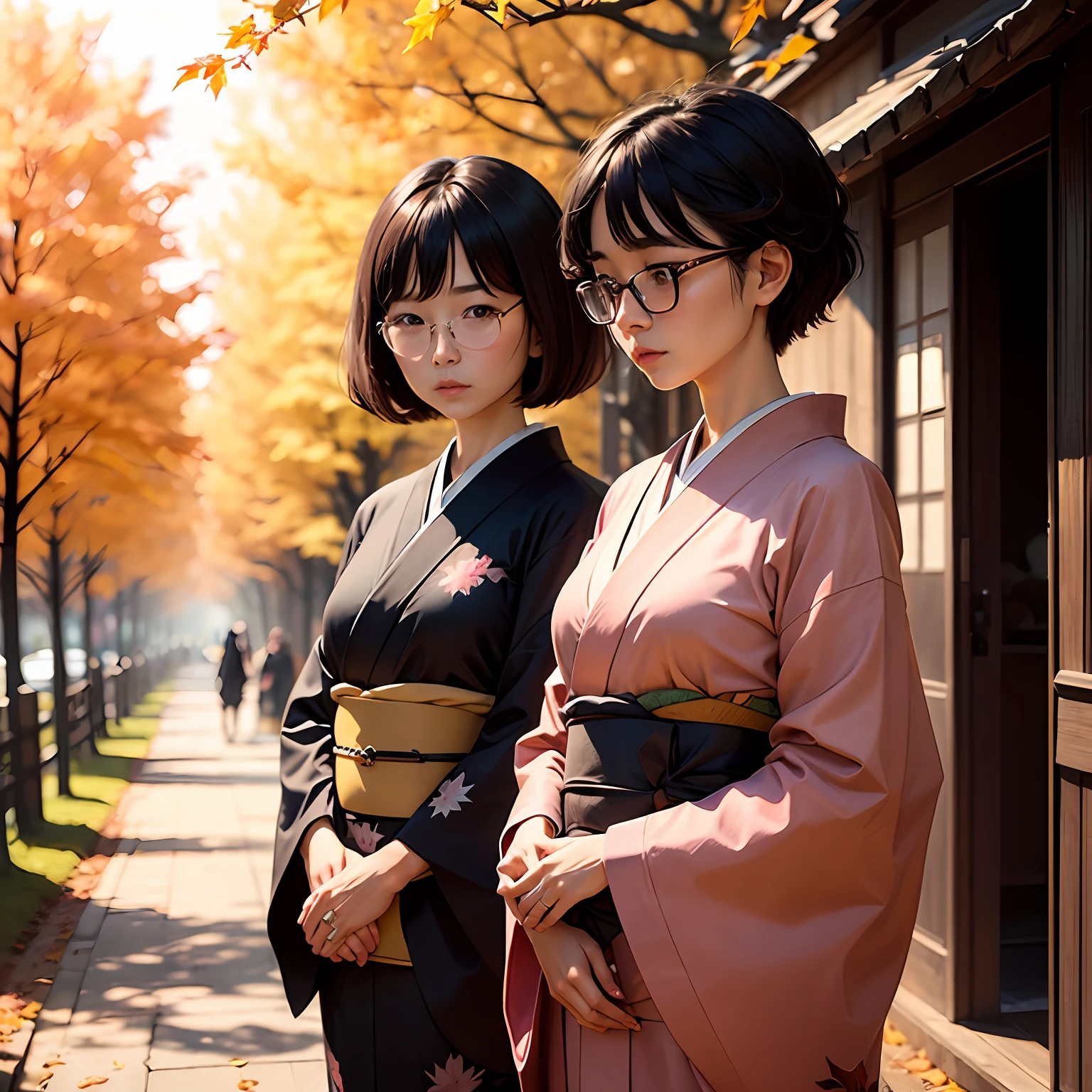 Two women、I'm wearing a kimono、dark haired、short-hair、eye glasses、Background Autumn Leaves --auto