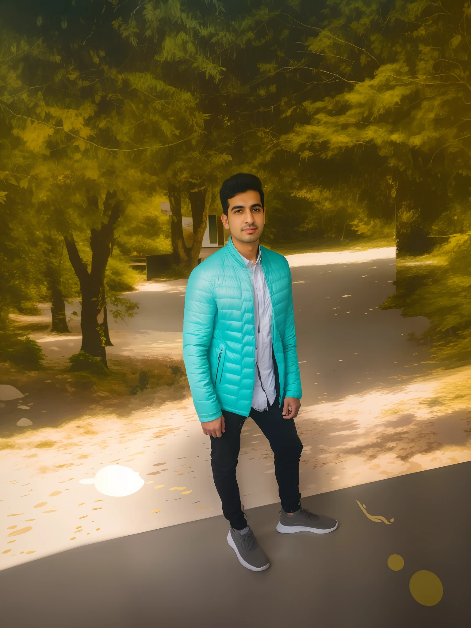 arafed man standing in front of a painting of a park, full body picture, in full growth, full body photogenic shot, in front of a forest background, khyzyl saleem, mohamed chahin style, profile pic, mohamed chahin, background is heavenly, appearing in a shopping mall, in a mall, full body photograph